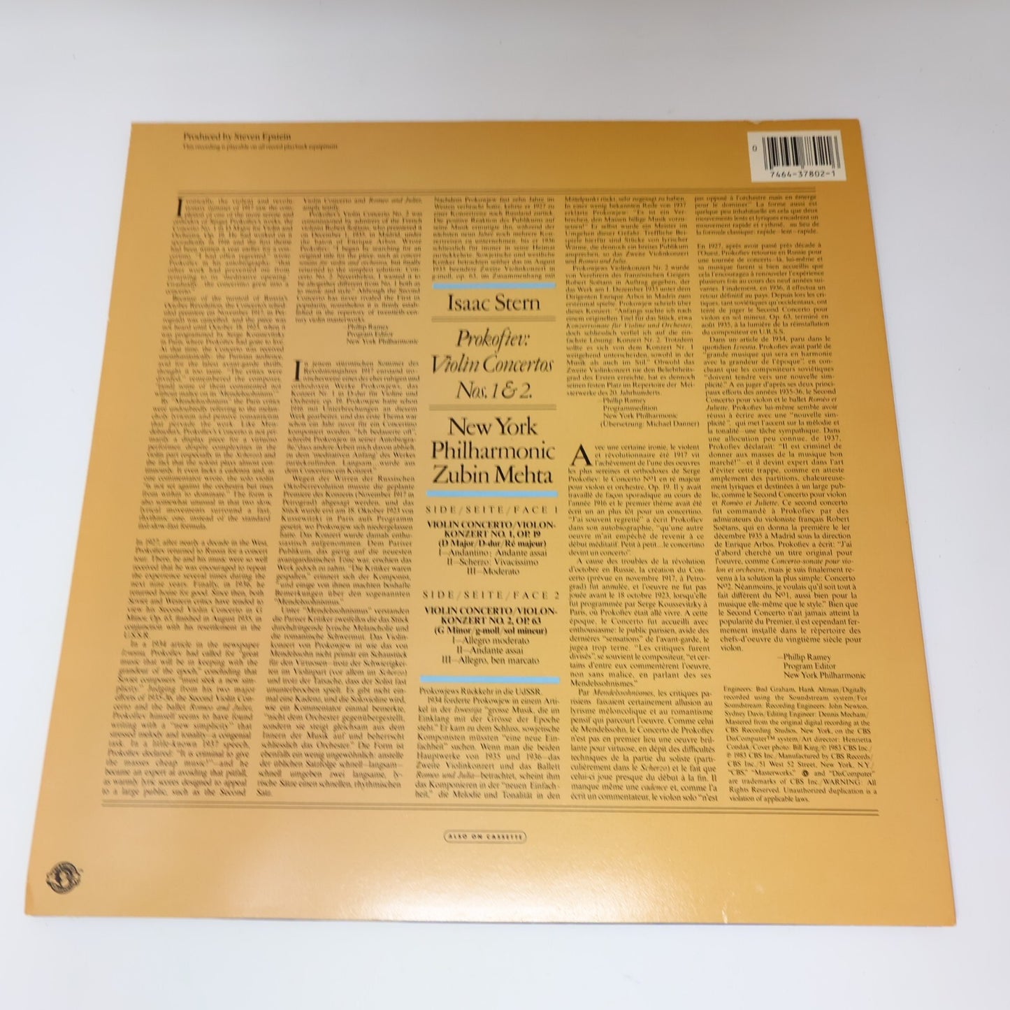Isaac Stern Prokofiev Zubin Mehta Violin Concertos 1 & 2 Record Vinyl IM 37802