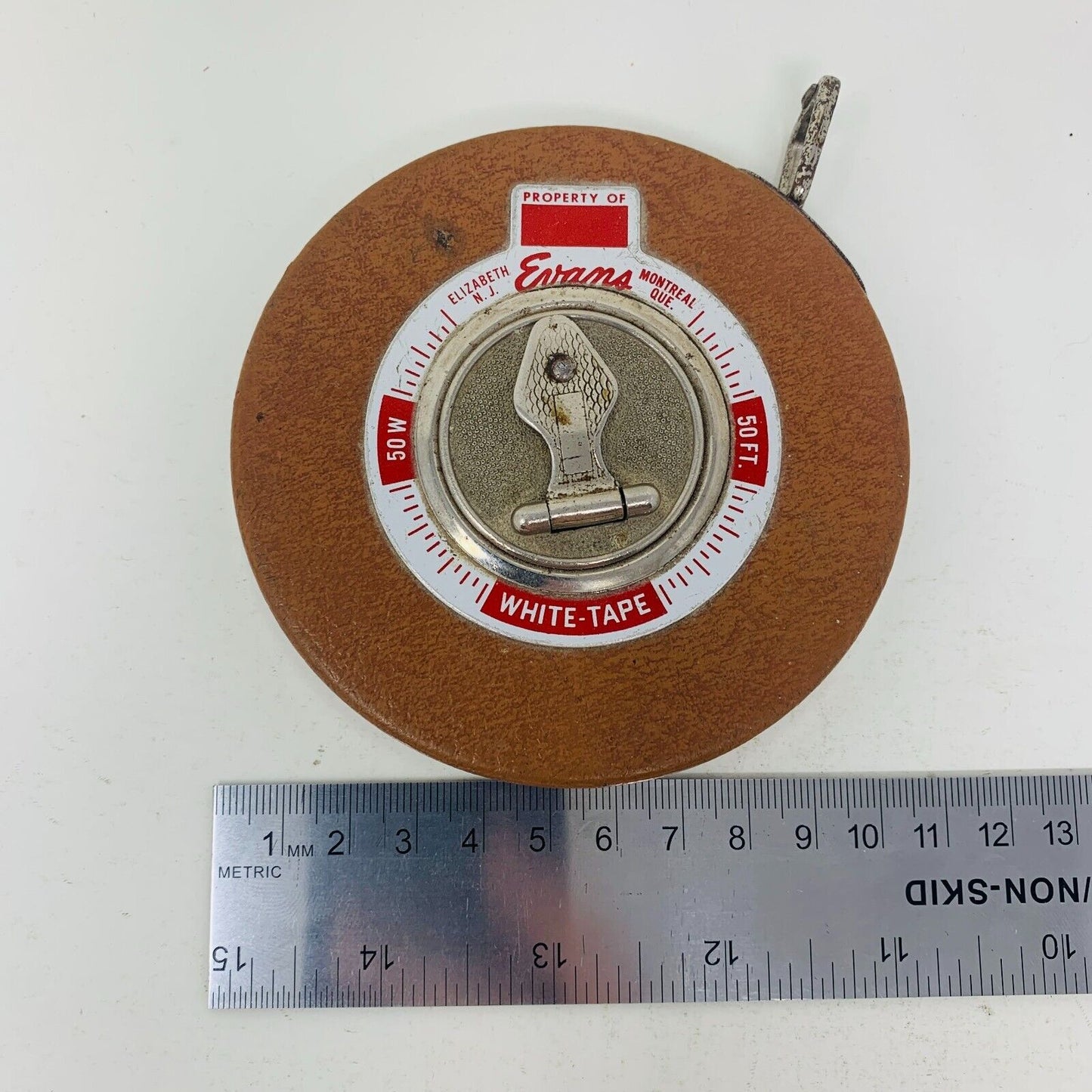 Evans 50 ft Feet White Measure Tape Made in USA Tools Manual Spin Rewind Vintage