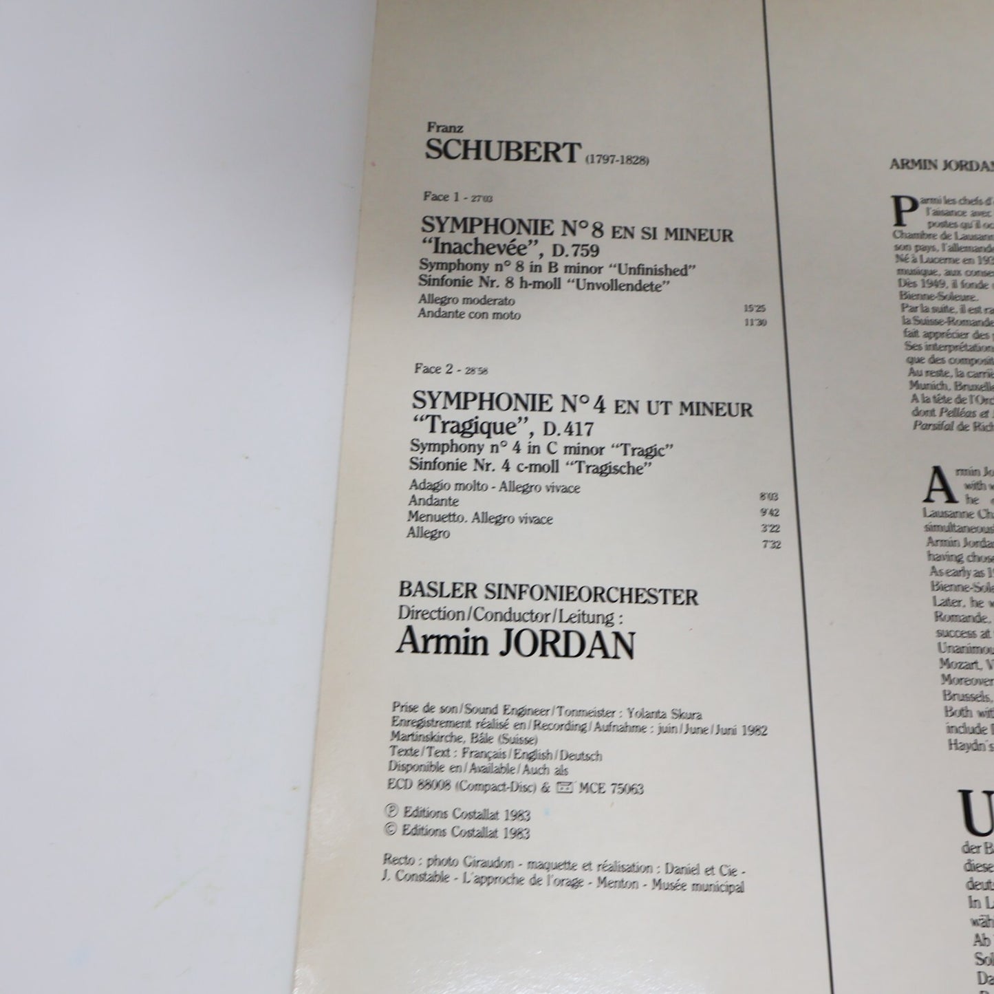 Schubert Basler Sinfonieorchester Armin Jordan Symphonie #8 4 Record NUM 75063