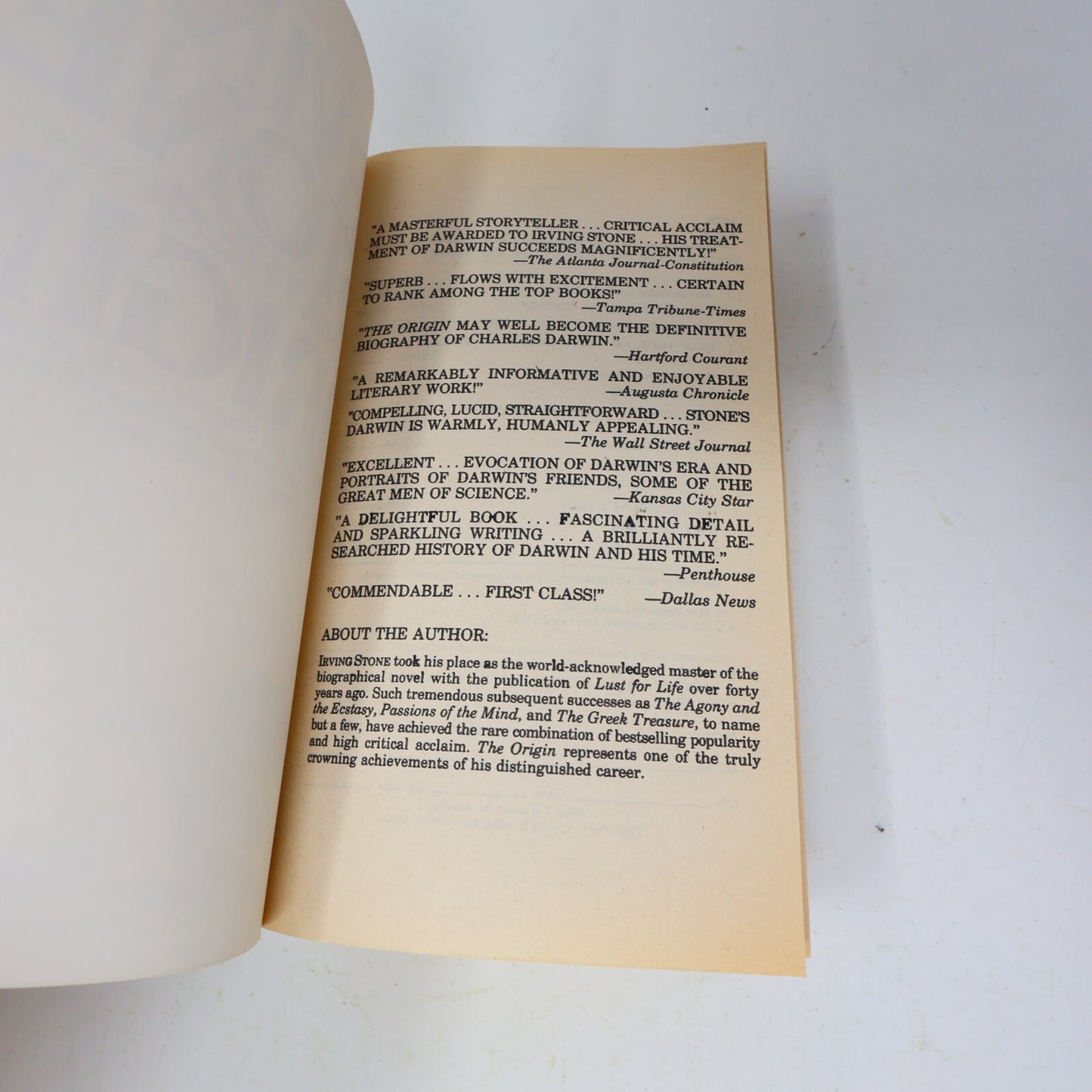 1982 The Origin a Biographical Novel of Charles Darwin Irving Stone Signet Book