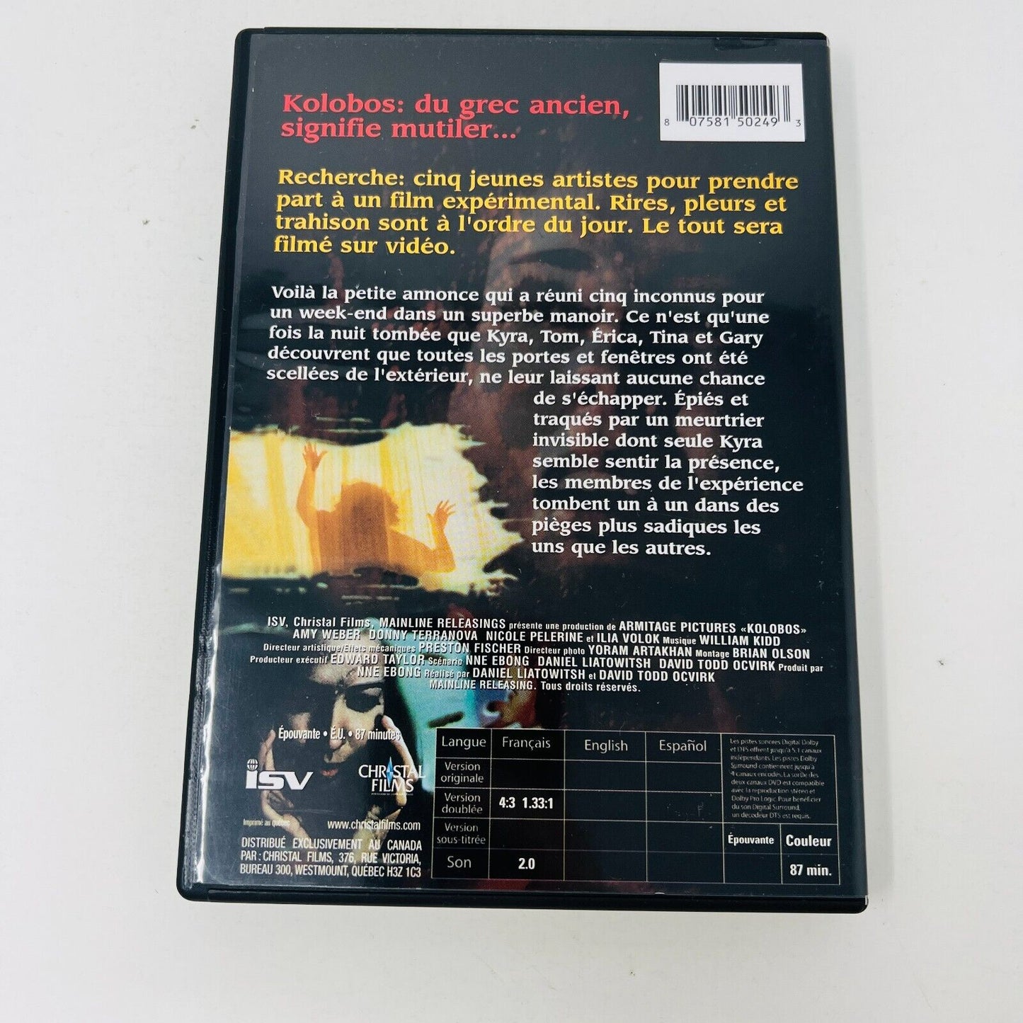 2003 Kolobos DVD Testé Horreur Français/French NTSC Region 1 Christal Films 4:3