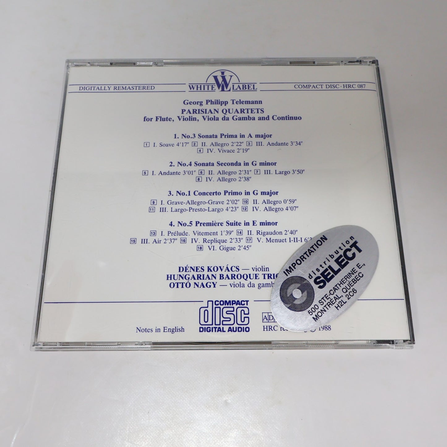 Telemann Parisian Quartets for Flute/Violin/Viola/Continuo CD Kovács/Ottó Nagy