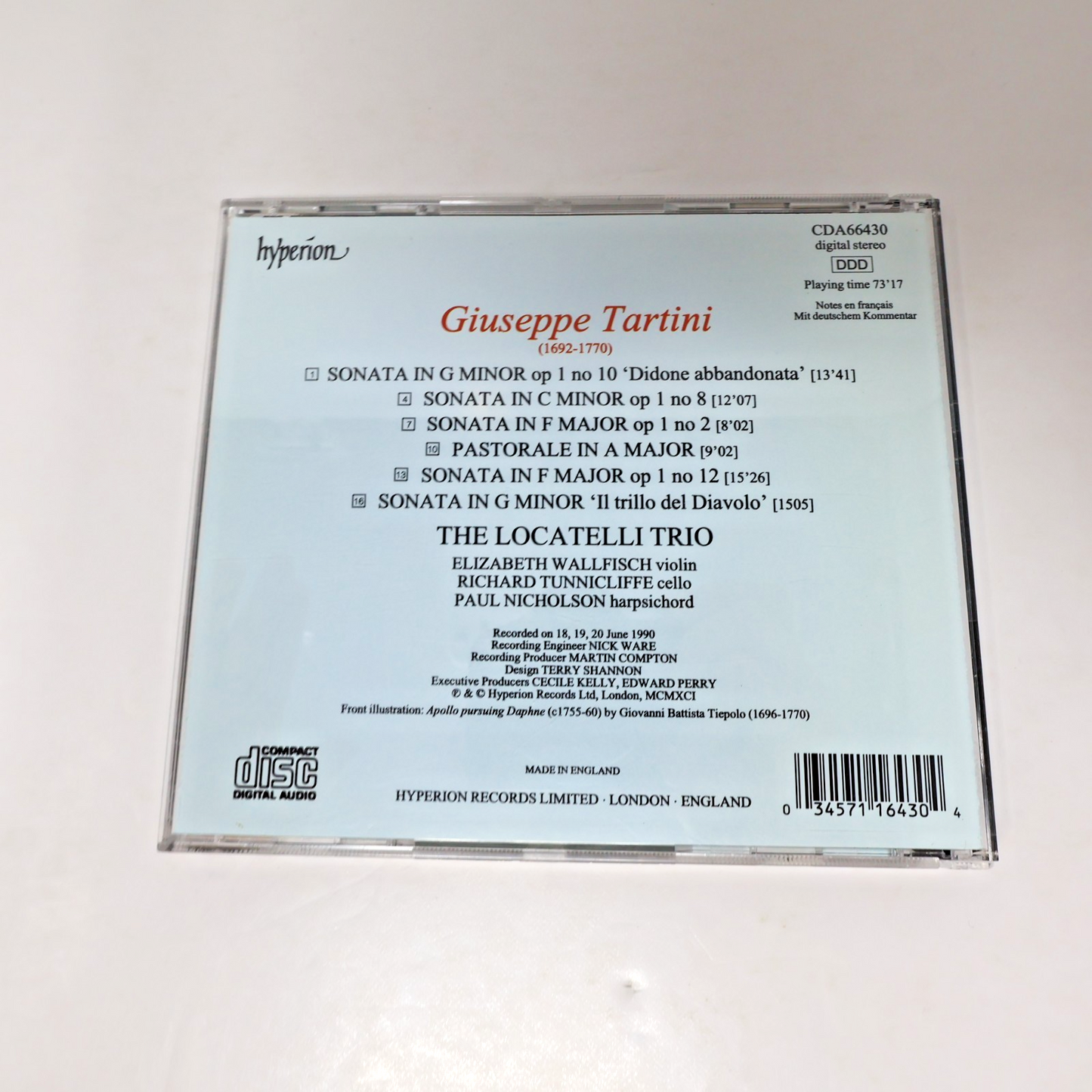 Tartini The Devil's Trill & Other Violin Sonatas CD Wallfisch/Tunnicliffe 1991