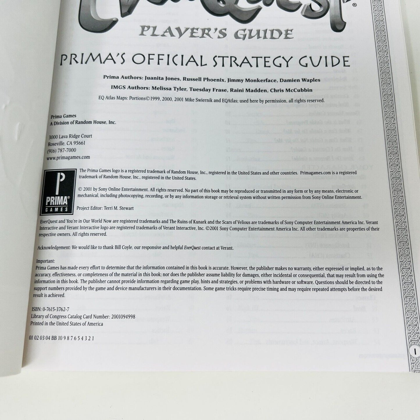 2001 EverQuest Original Player's Guide Prima's Strategy Guides Trade Paperback