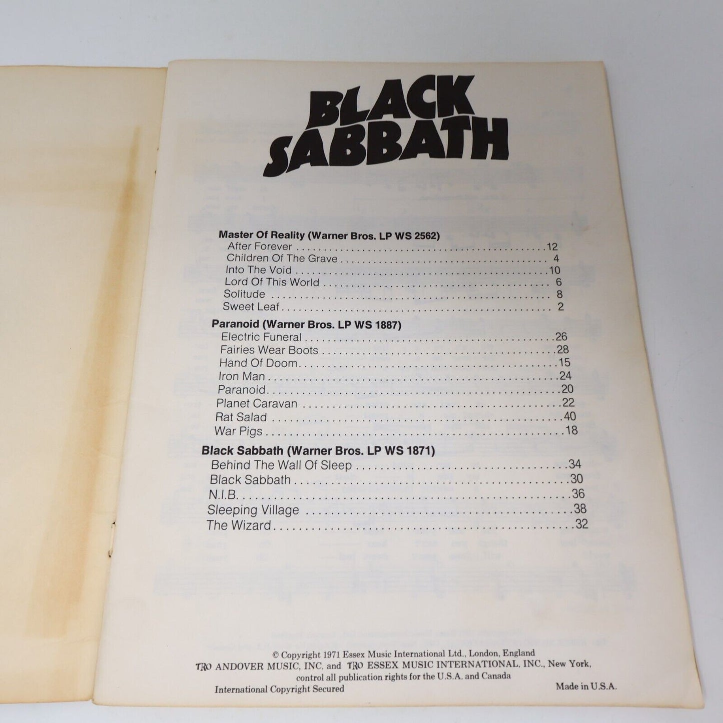 1971 Black Sabbath Songbook Guitar Master of Reality Ozzy Osborne Essex Music PB