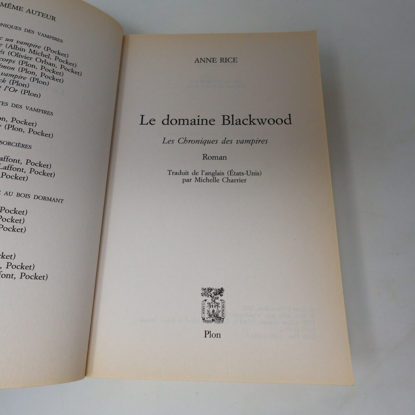 2004 Le Domaine Blackwood Chronique des Vampires de Anne Rice Paperback PB Plon