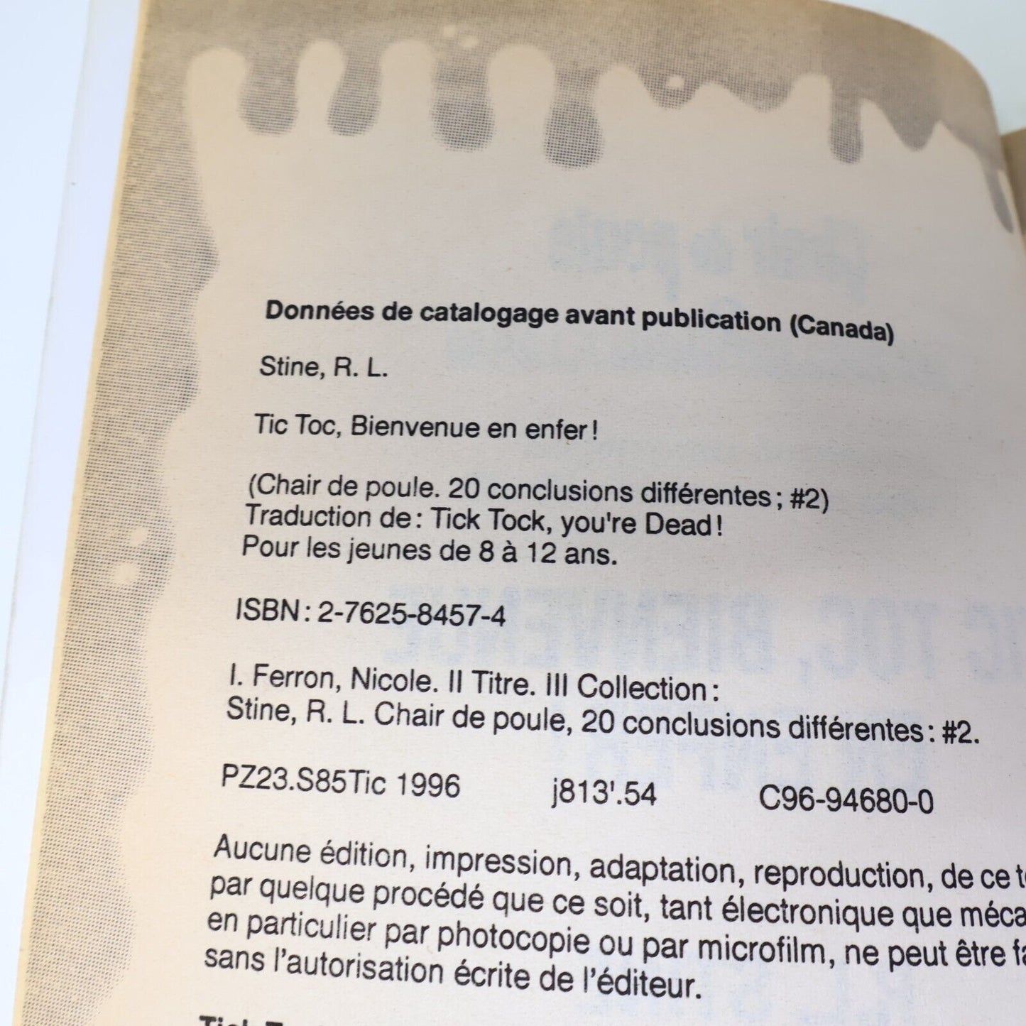 1996 Tic Toc Bienvenue en Enfer! Chair de Poule Extra #2 de R. L. Stine PB EH