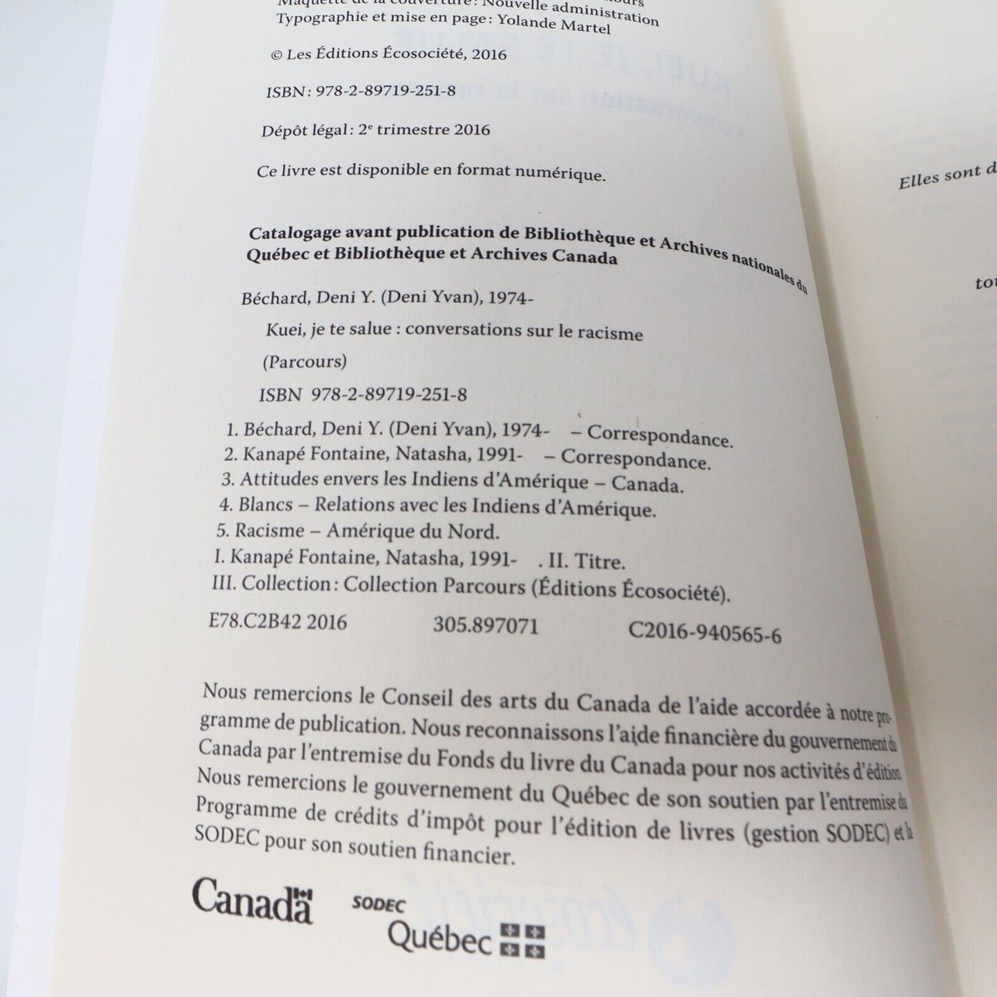 2016 Kuei Je Te Salue Conversation sur le Racisme Écosociété Français Paperback