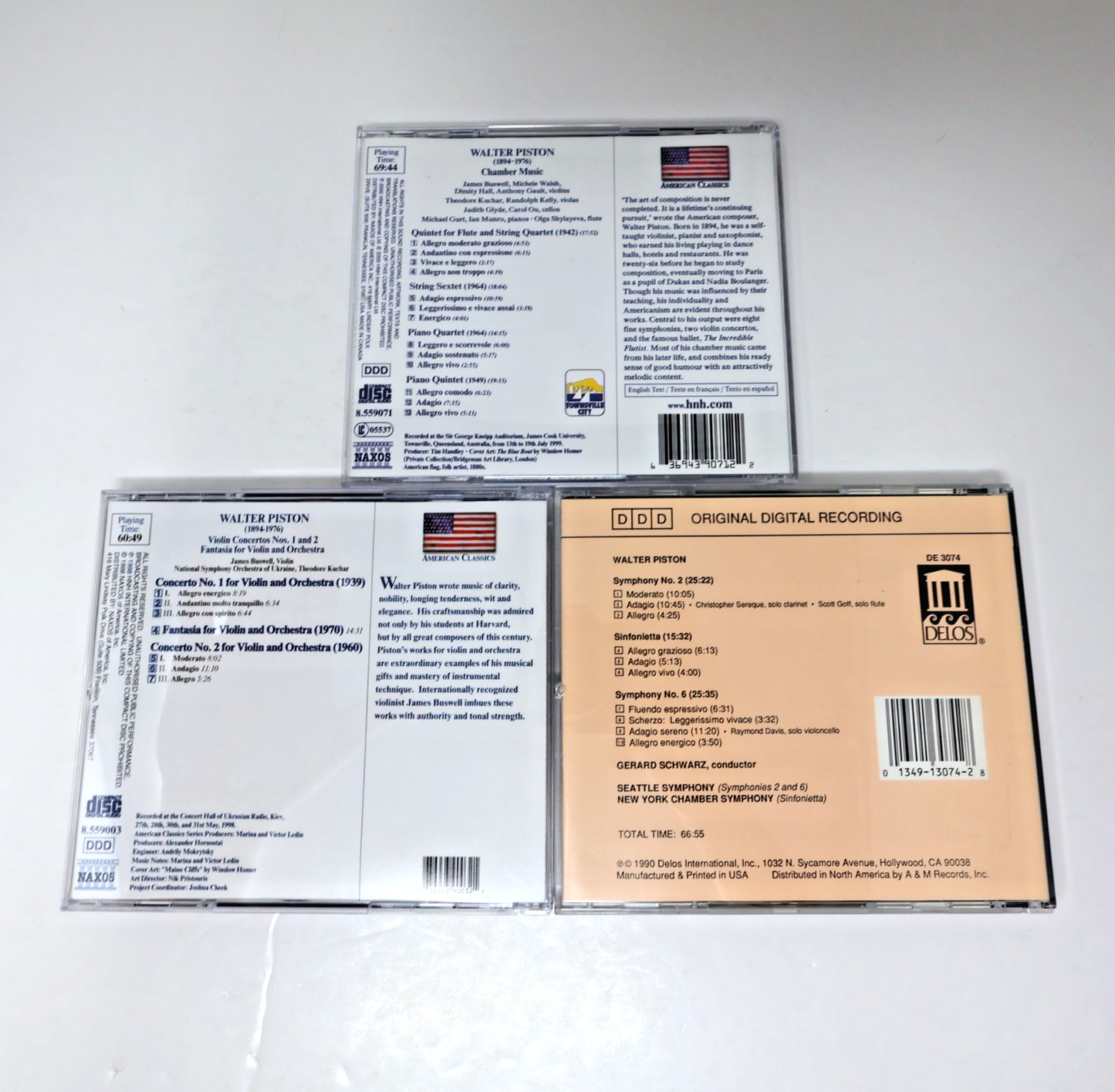 Walter Piston 3 CDs Lot Violin Concertos #1-2/Chamber Music/Symphonies 2 & 6