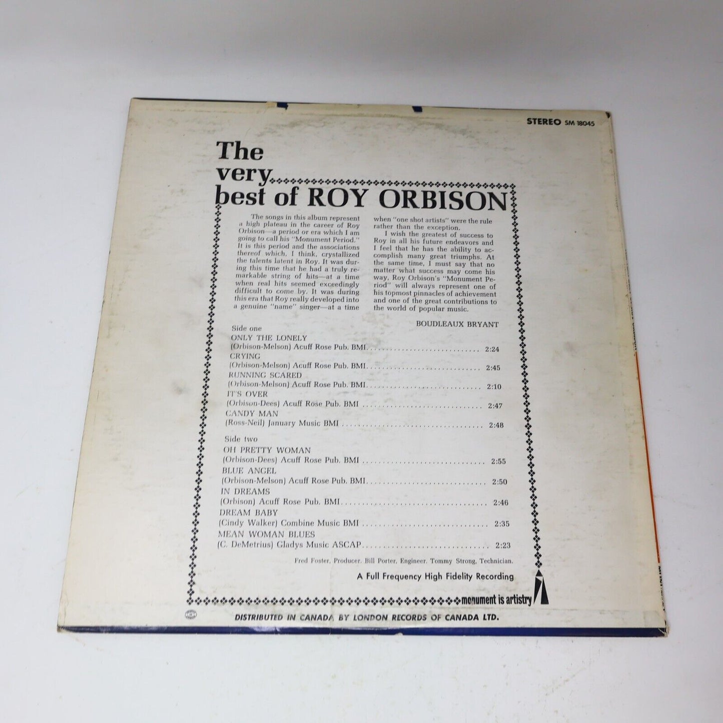 The Very Best Of Roy Orbison LP Record Vinyl Monument SM 18045 Canada 1960s