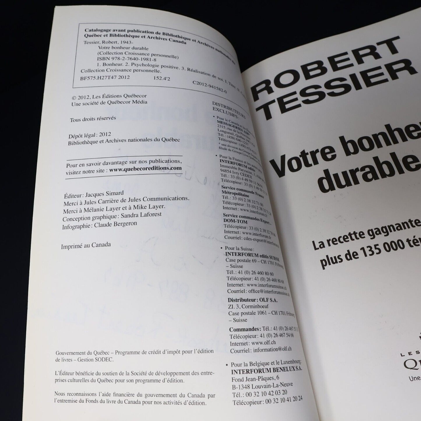 2012 Votre Bonheur Durable de Robert Tessier Signé Paperback PB Québecor Livre