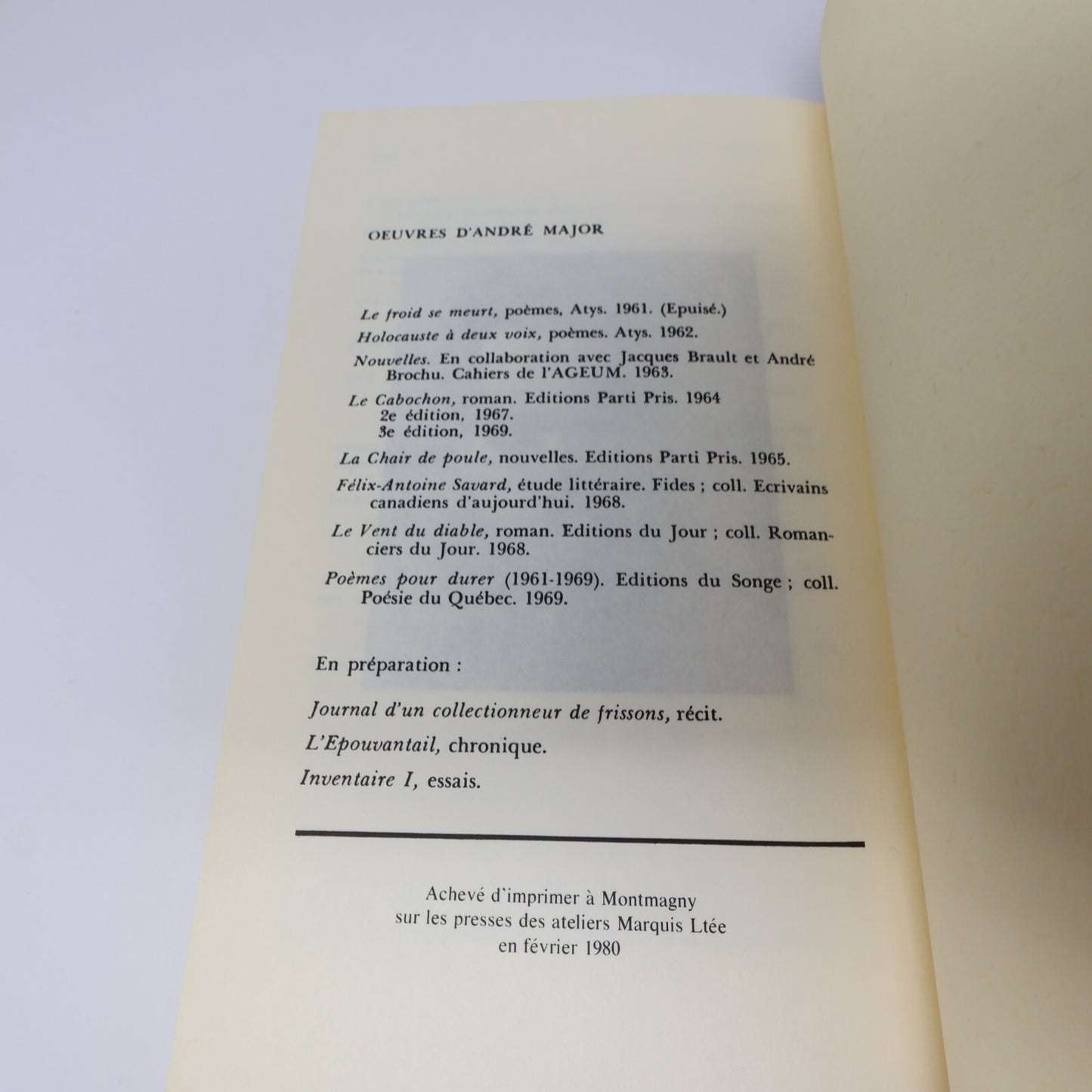 André Major Lot 5 Livres Cabochon/L'Épouvantail/Histoires de Déserteurs Roman PB