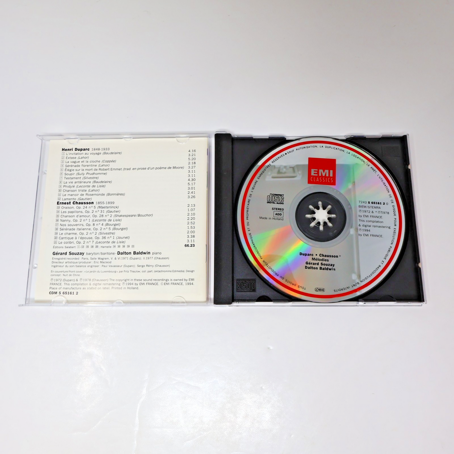 Henri Duparc/Ernest Chausson Mélodies CD Gérard Souzay/Dalton Baldwin EMI 1994
