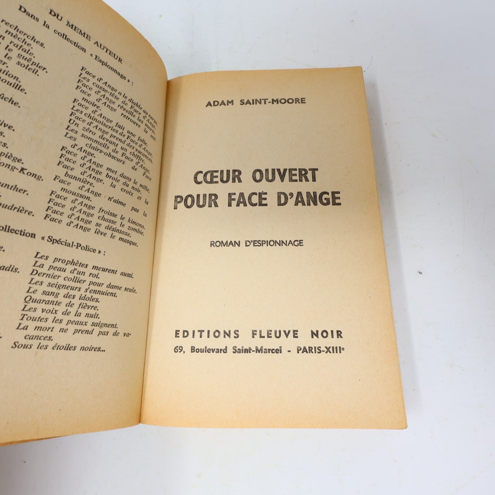 1967 Coeur Ouvert pour Face d'Ange Adam Saint-Moore Fleuve Noir Espionnage Livre