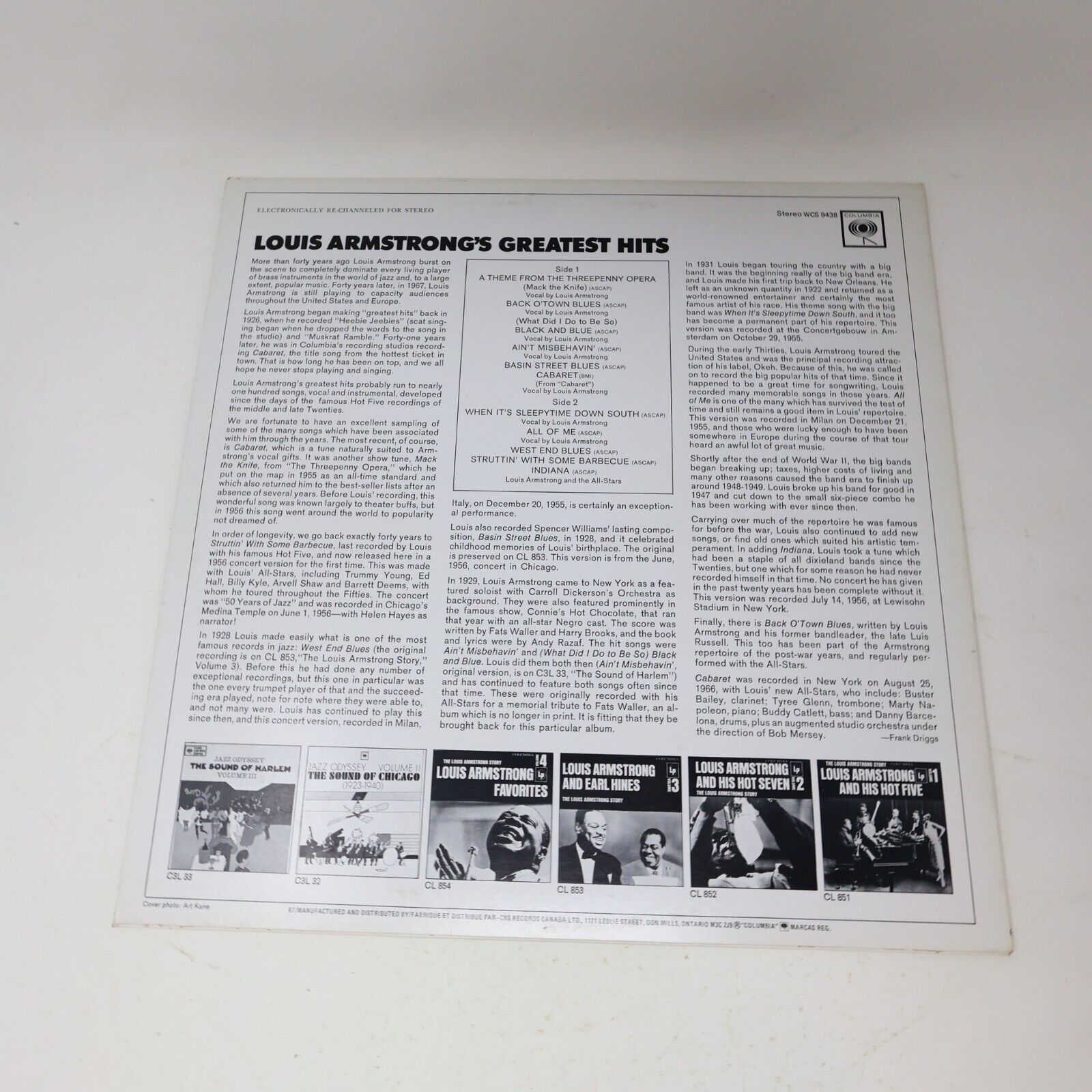 Louis Armstrong's Greatest Hits LP Vinyl Record Columbia CS 9438 Canada Jazz EX