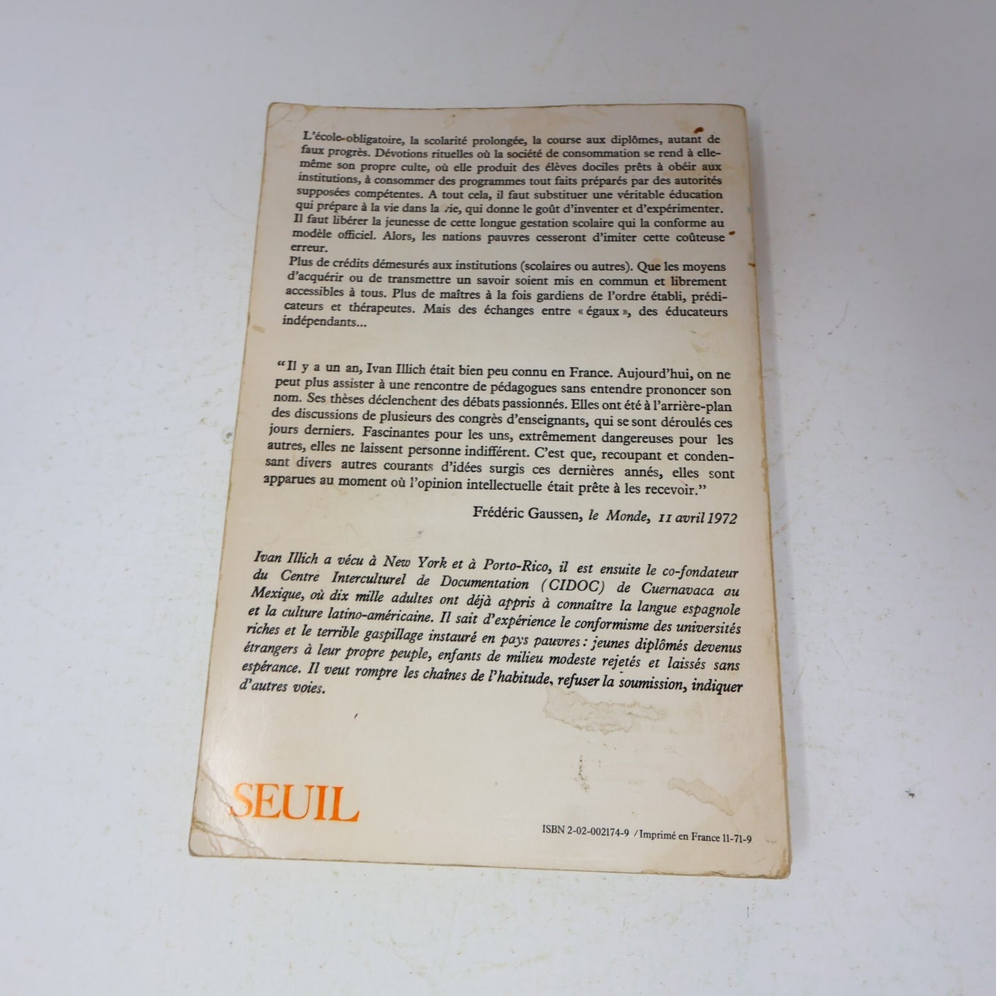 1971 Une Société Sans École Ivan Illich Seuil Éducation Philosophie Français 70s