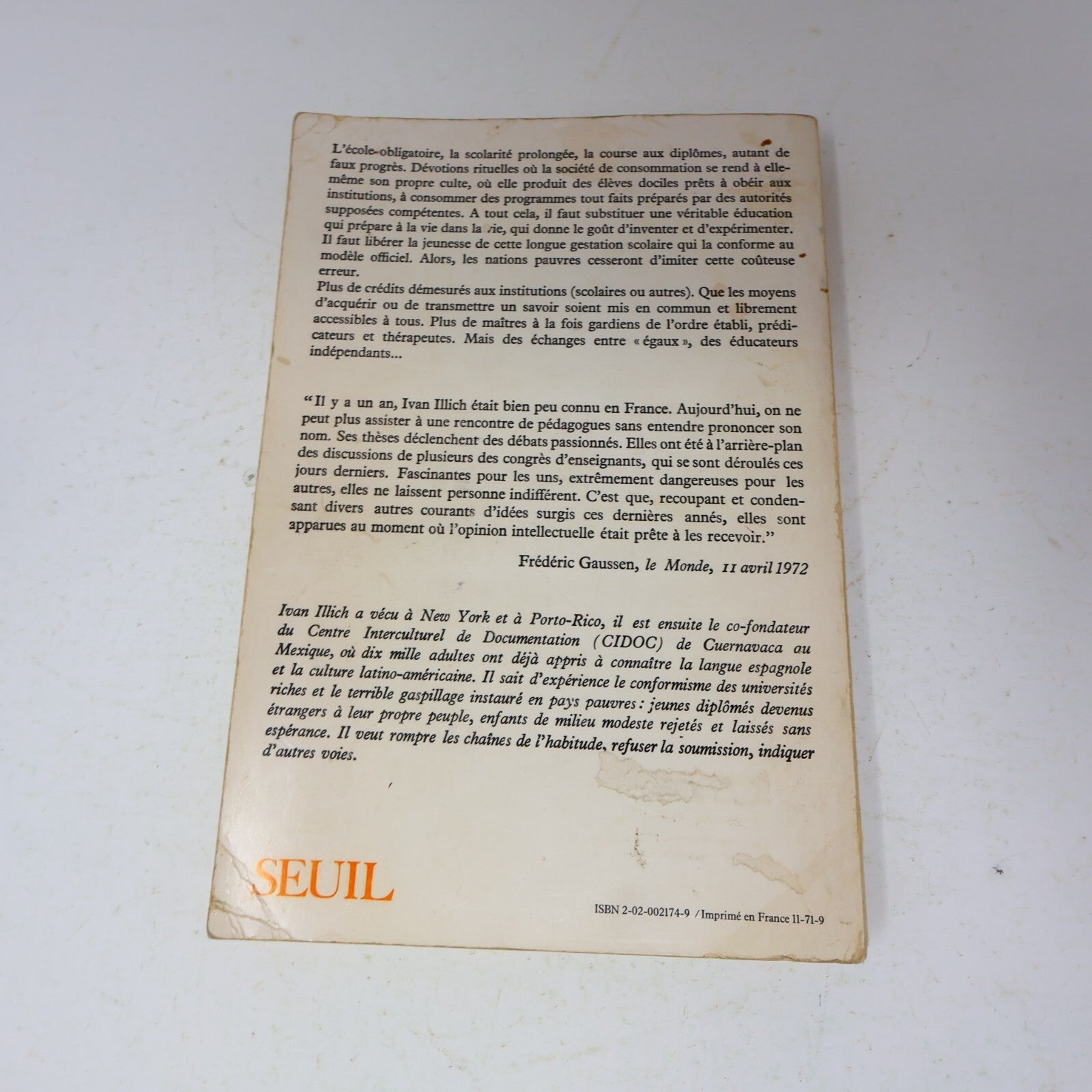 1971 Une Société Sans École Ivan Illich Seuil Éducation Philosophie Français 70s