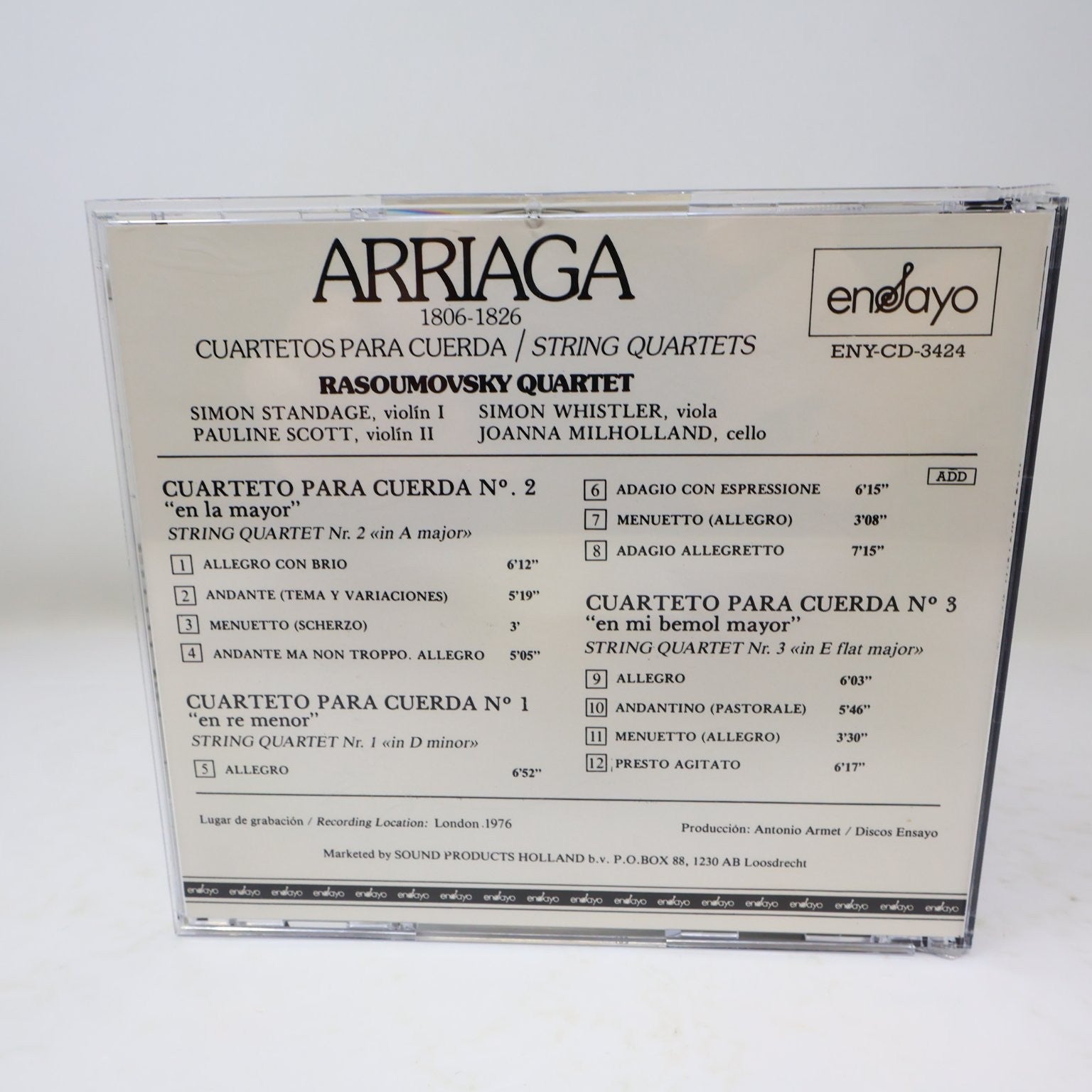 Arriaga String Quartets CD Rasoumowsky Quartet Classical Ensayo ENY-CD-3424