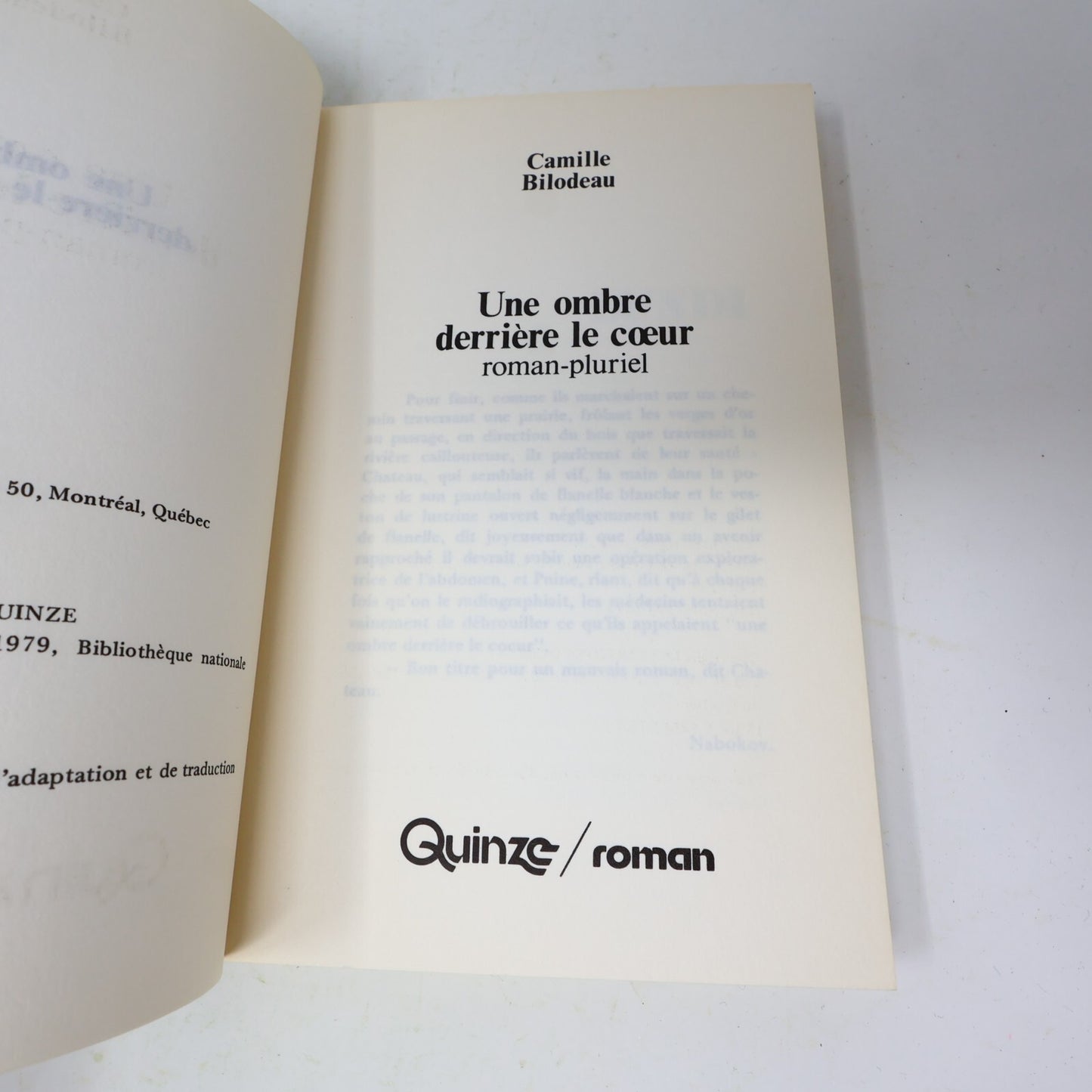1979 Une Ombre Derrière le Cœur Roman-Pluriel Camille Bilodeau Contre-Culture PB