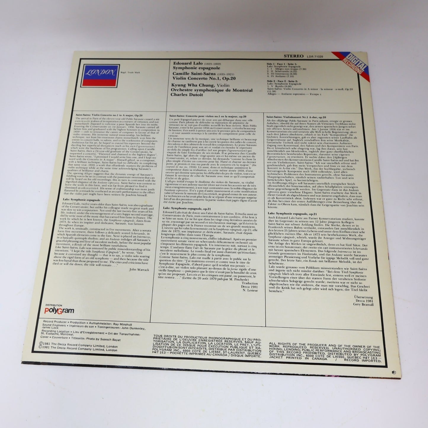 Kyung Wha Chung Symphonie Espagnole/Violin Concerto 1 Dutoit Record LDR 71029