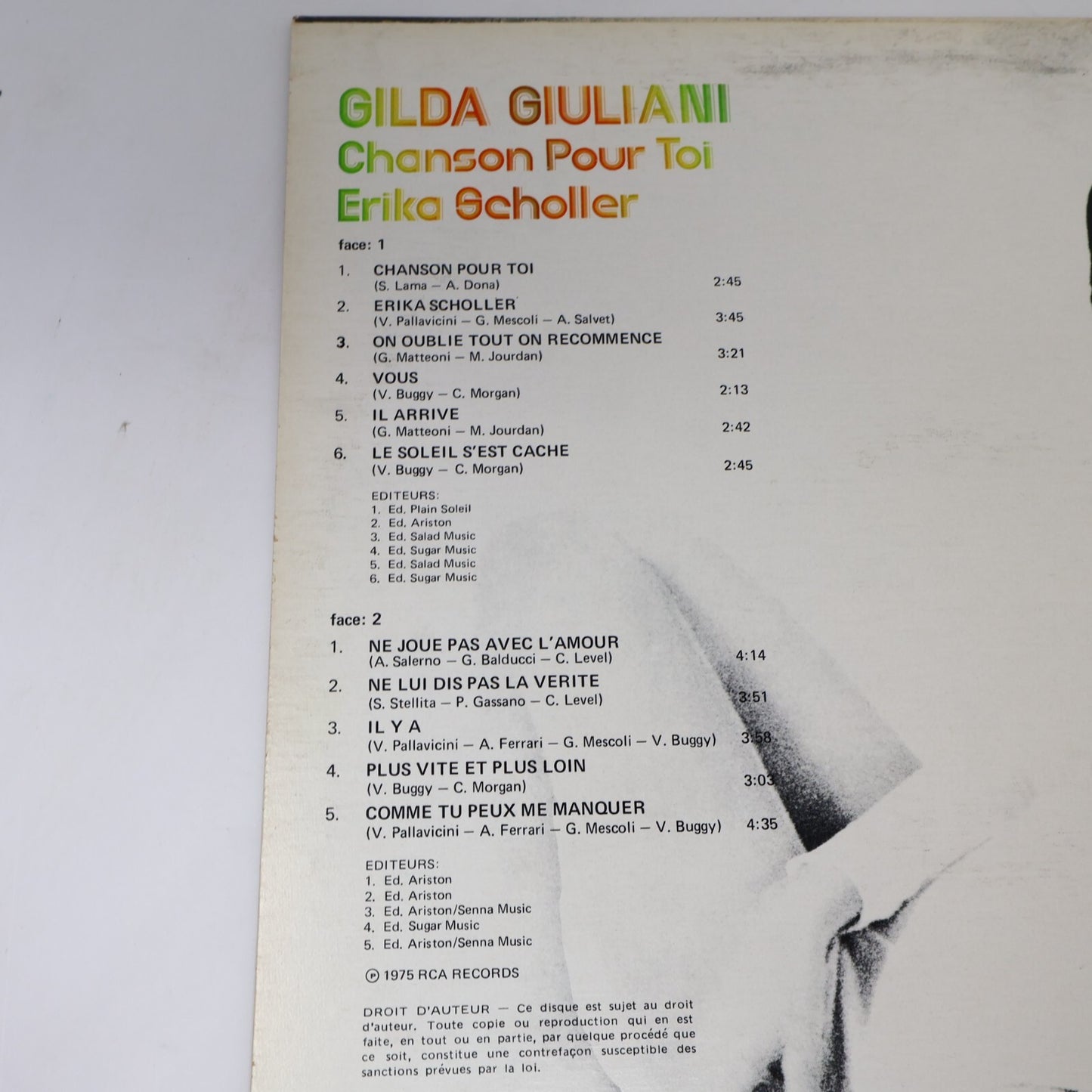 Gilda Giuliani Chanson pour toi Erika Scholler Disque LP 1975 Record KPL1 0091