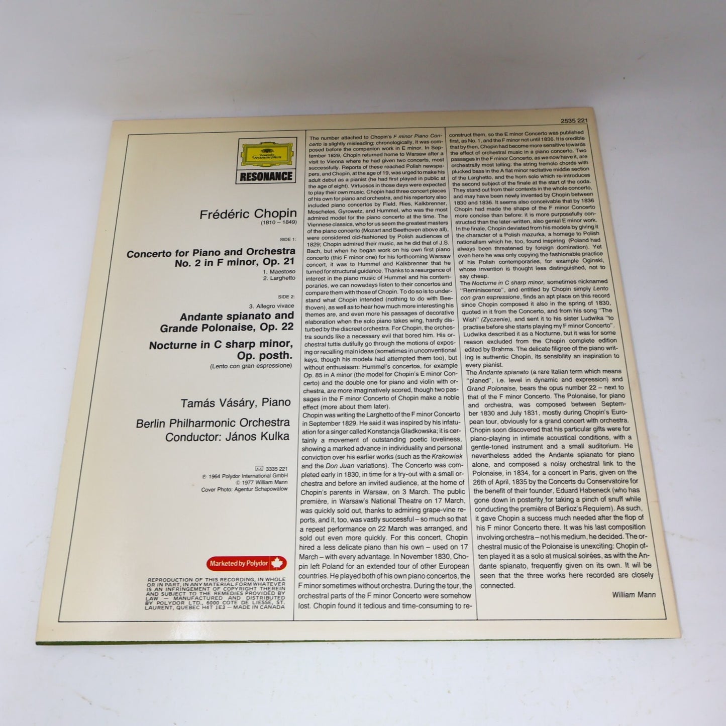 Janos Kulka Tamás Vásáry Frédéric Chopin Piano Concerto #2 LP Record 2535 221
