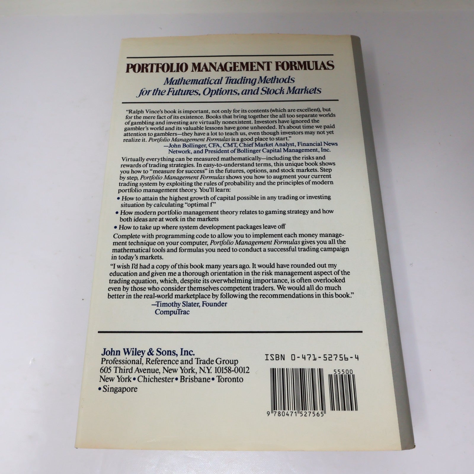 Portfolio Management Formulas Mathematical Trading Methods Ralph Vince Wiley HC