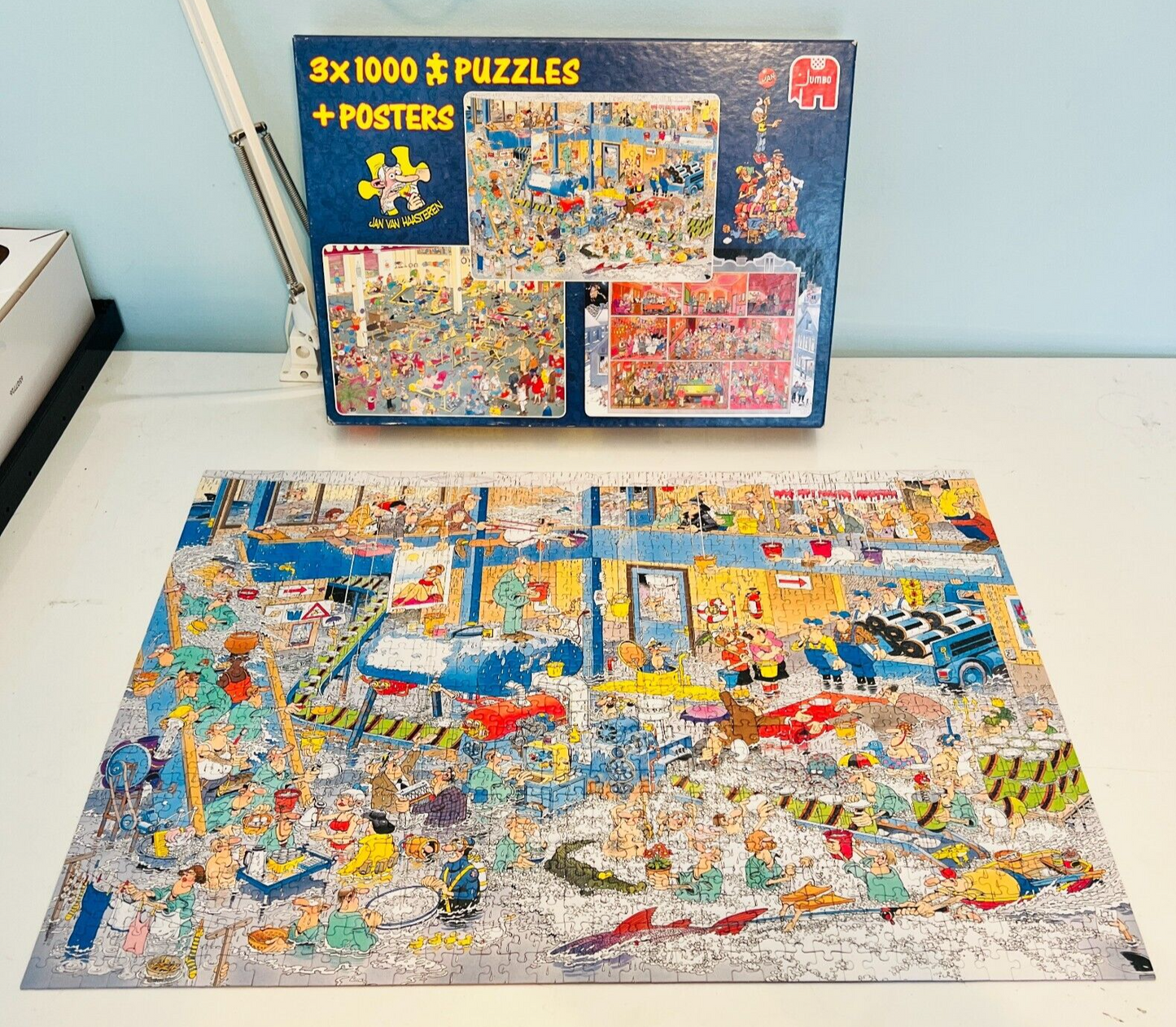 3x 1000 Puzzles + Posters 81120 Complete The Big Leak/Gym/Café Jan Van Haasteren