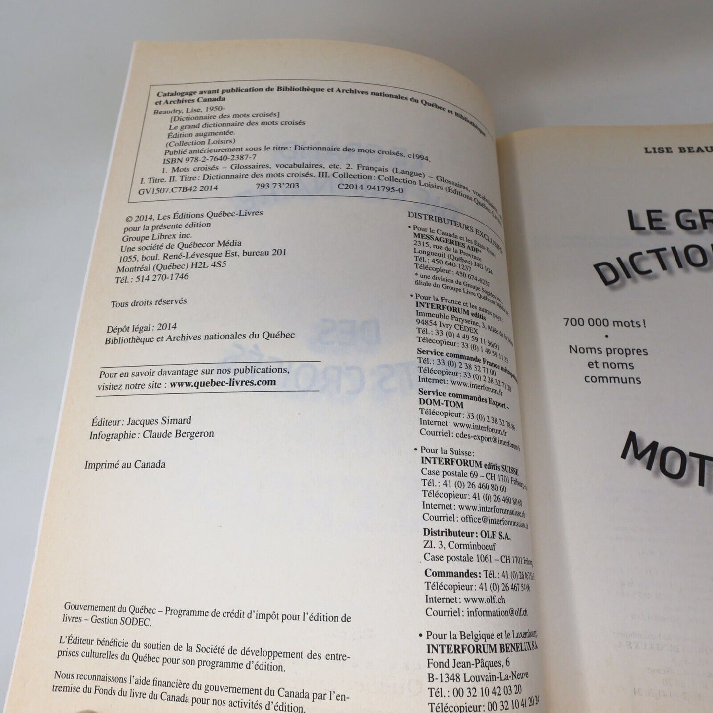 2014 Le Grand Dictionnaire des Mots Croisés Édition Augmentée Lise Beaudry Livre