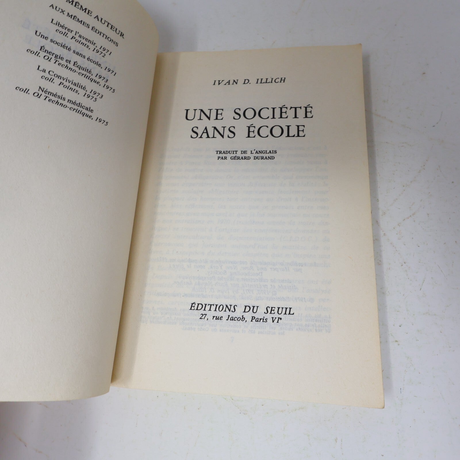 1971 Une Société Sans École Ivan Illich Seuil Éducation Philosophie Français 70s