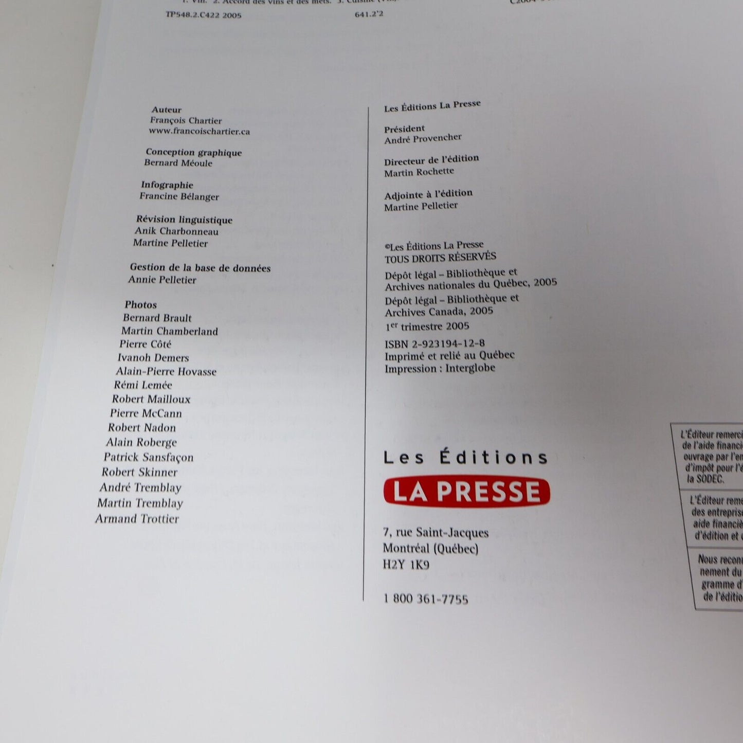 2005 À Table avec François Chartier Cuisine Recettes Vins La Presse Français HC