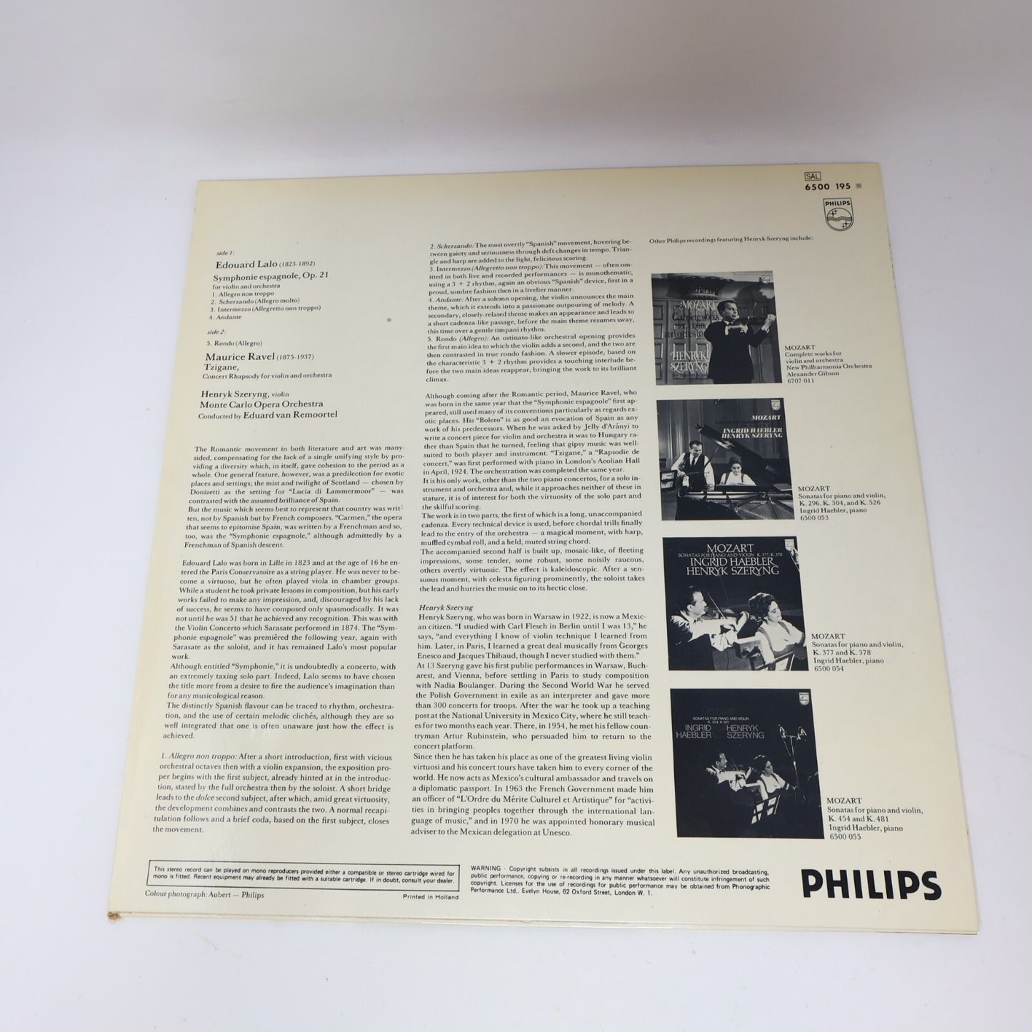 Lalo/Ravel Symphony Espagnole/Tzigane Henryk Szeryng LP Record Vinyl 6500 195