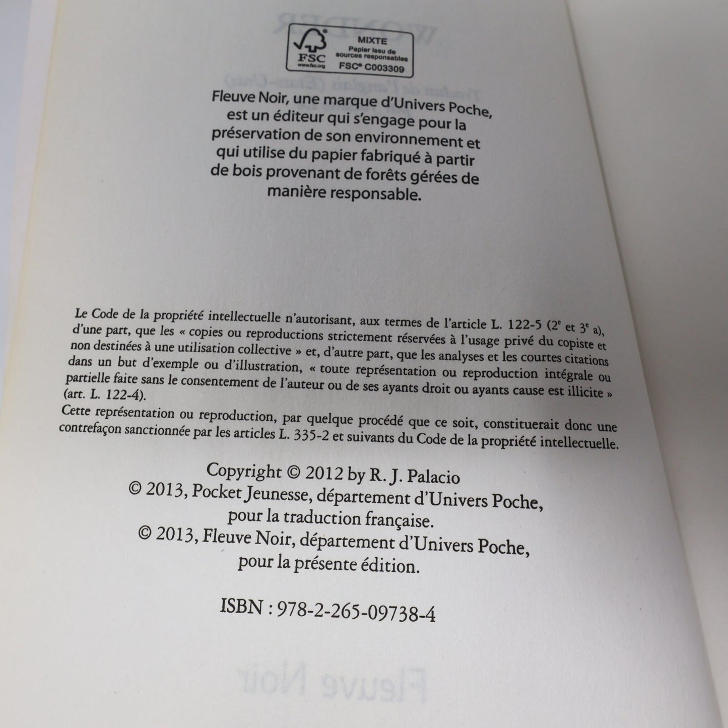 2013 Wonder R.J. Palacio Littérature Américaine Roman Fleuve Noir Français Livre