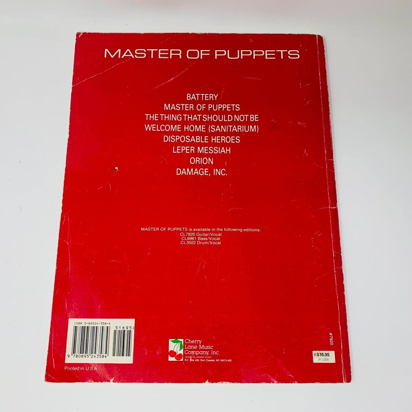 1988 Metallica Master of Puppets Songbook Guitar Vocal with Tablature Paperback