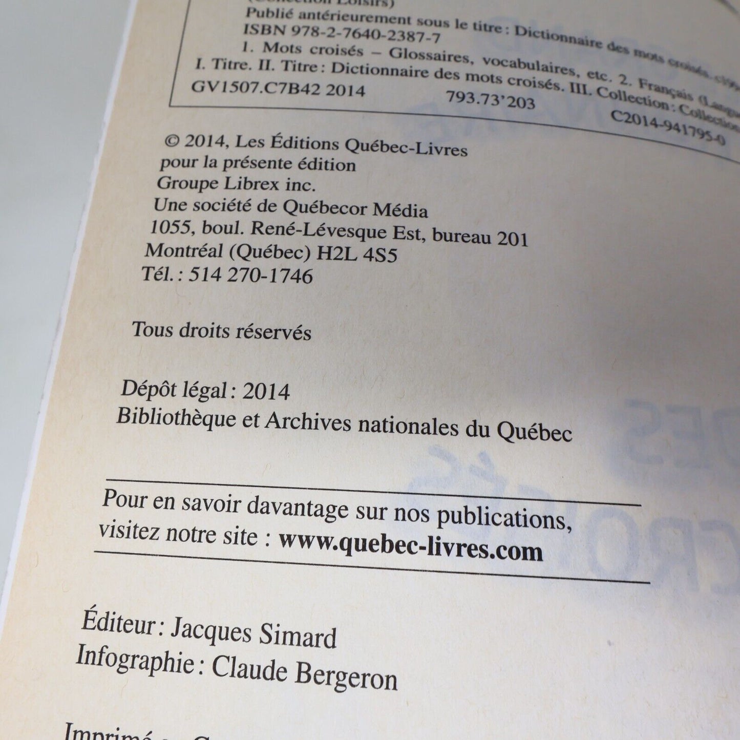 2014 Le Grand Dictionnaire des Mots Croisés Édition Augmentée Lise Beaudry Livre