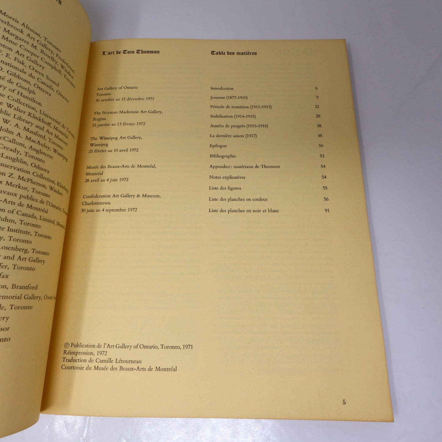 L'Art de Tom Thomson Art Gallery of Toronto 1972 Catalogue d'Exposition Français