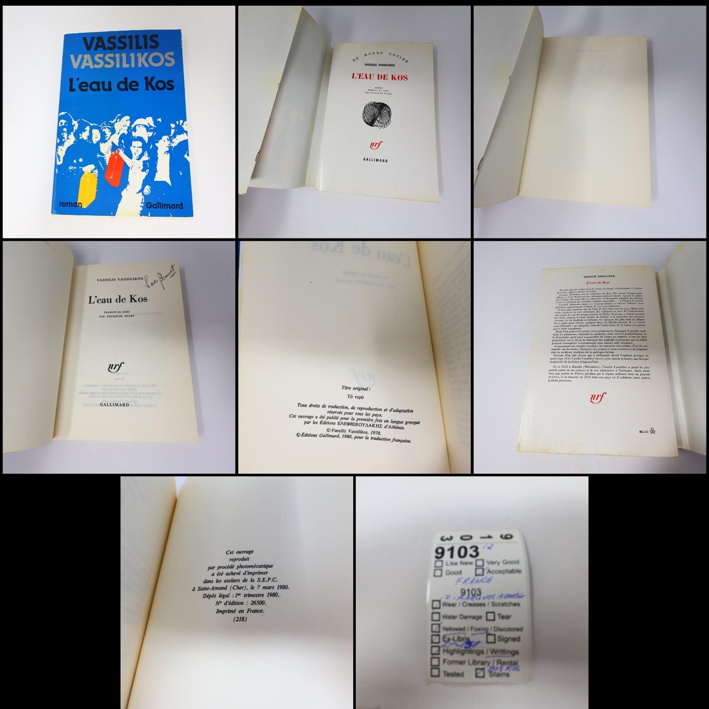 Vassilis Vassilikos Lot 2 Livres Gallimard/Nrf L'Eau de Kos/Z Fiction Historique