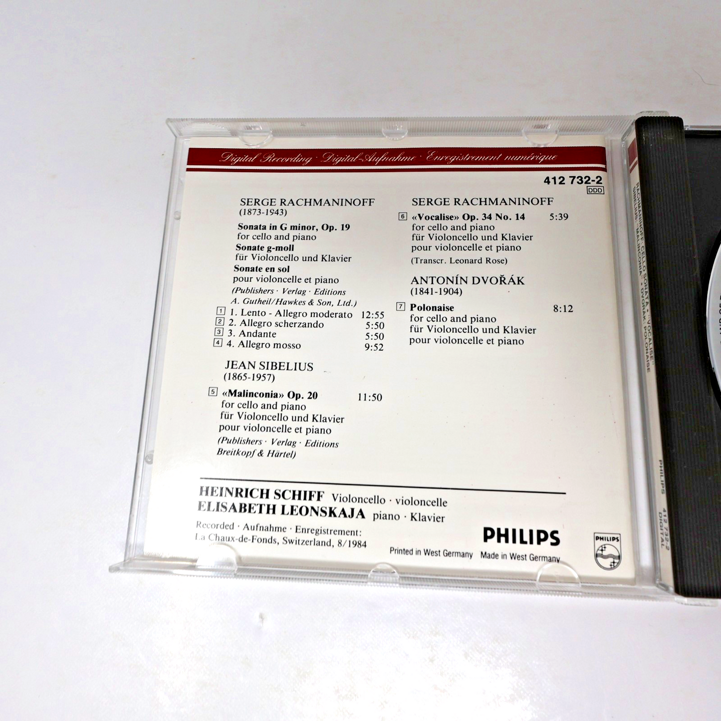 Rachmaninoff/Dvořák/Sibelius Cello Sonata/Vocalise CD Heinrich Schiff/Leonskaja