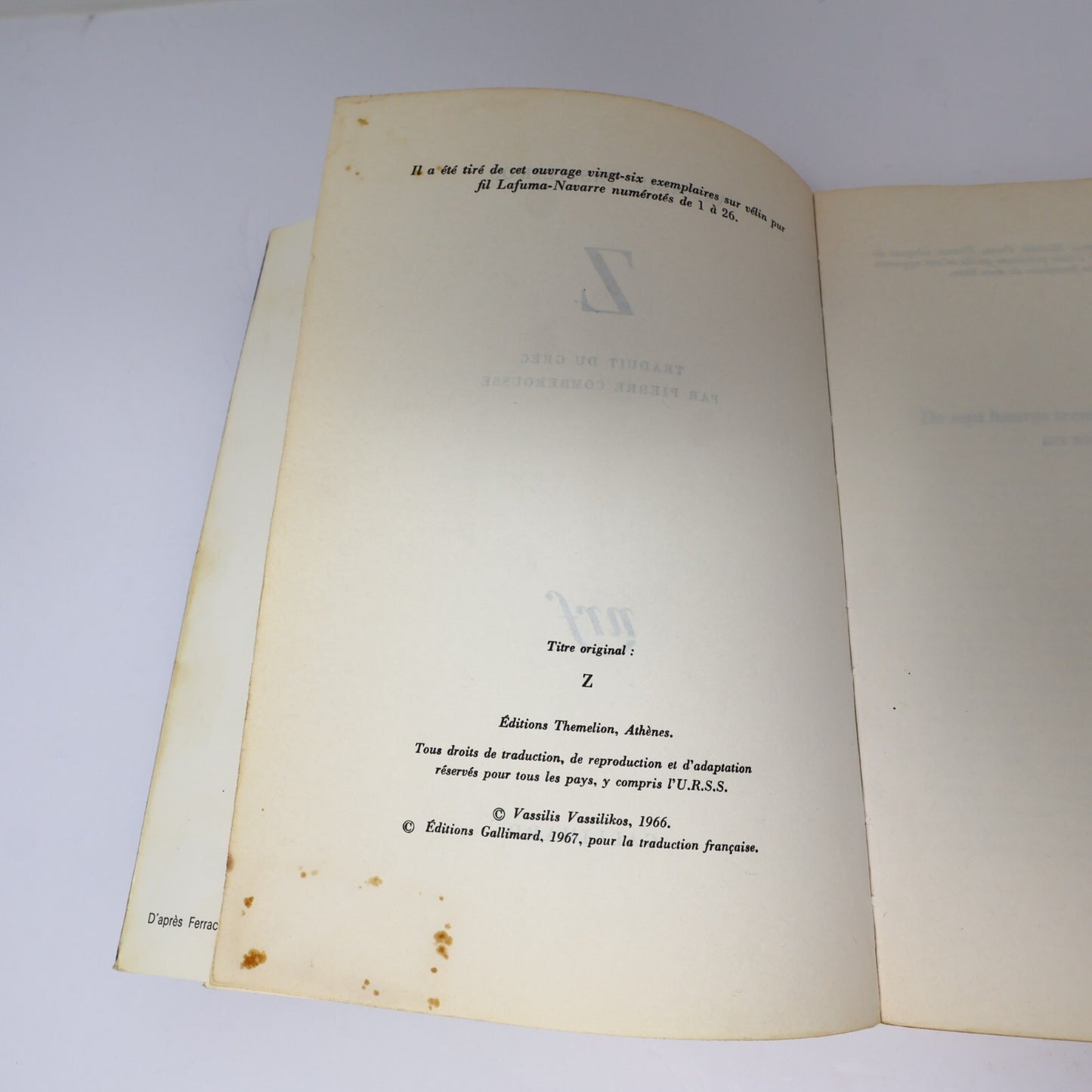 Vassilis Vassilikos Lot 2 Livres Gallimard/Nrf L'Eau de Kos/Z Fiction Historique