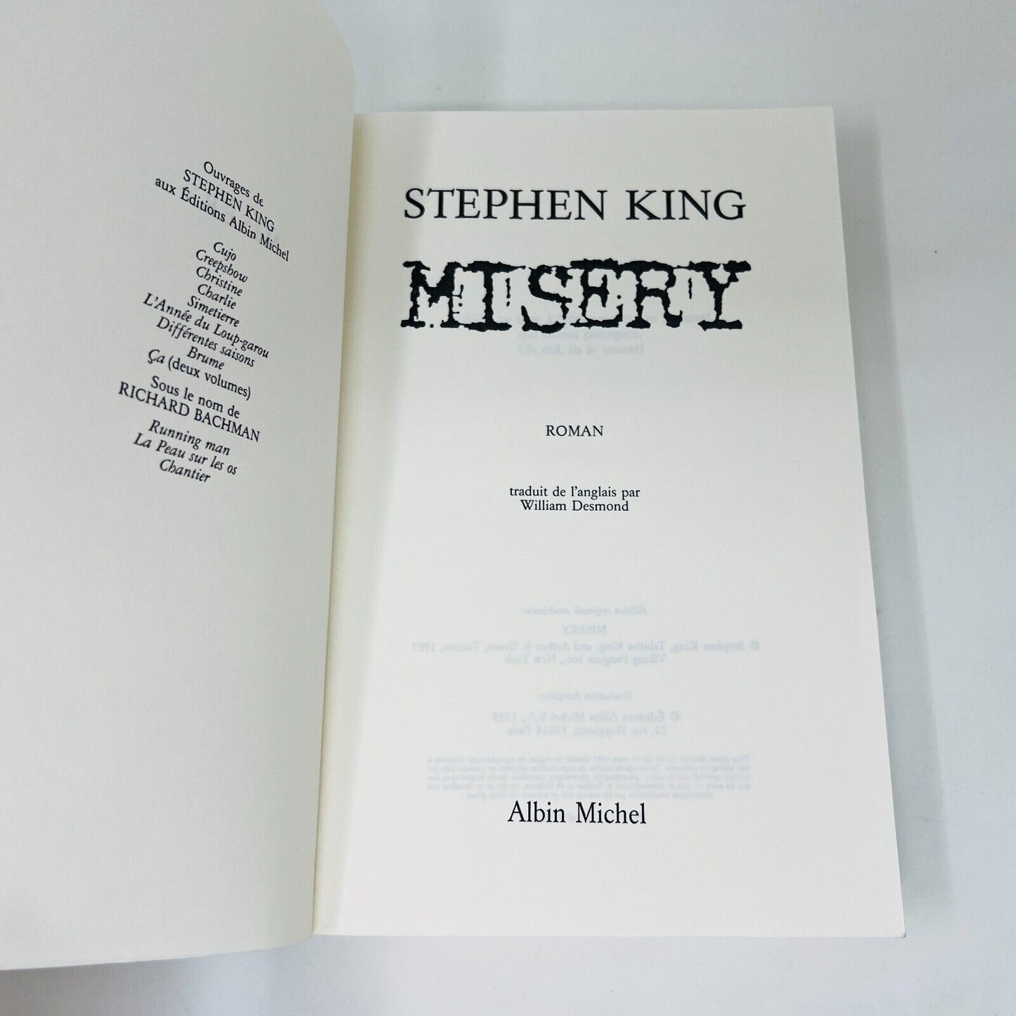 1991 Misery de Stephen King Roman Albin Michel Horreur Français/French Paperback