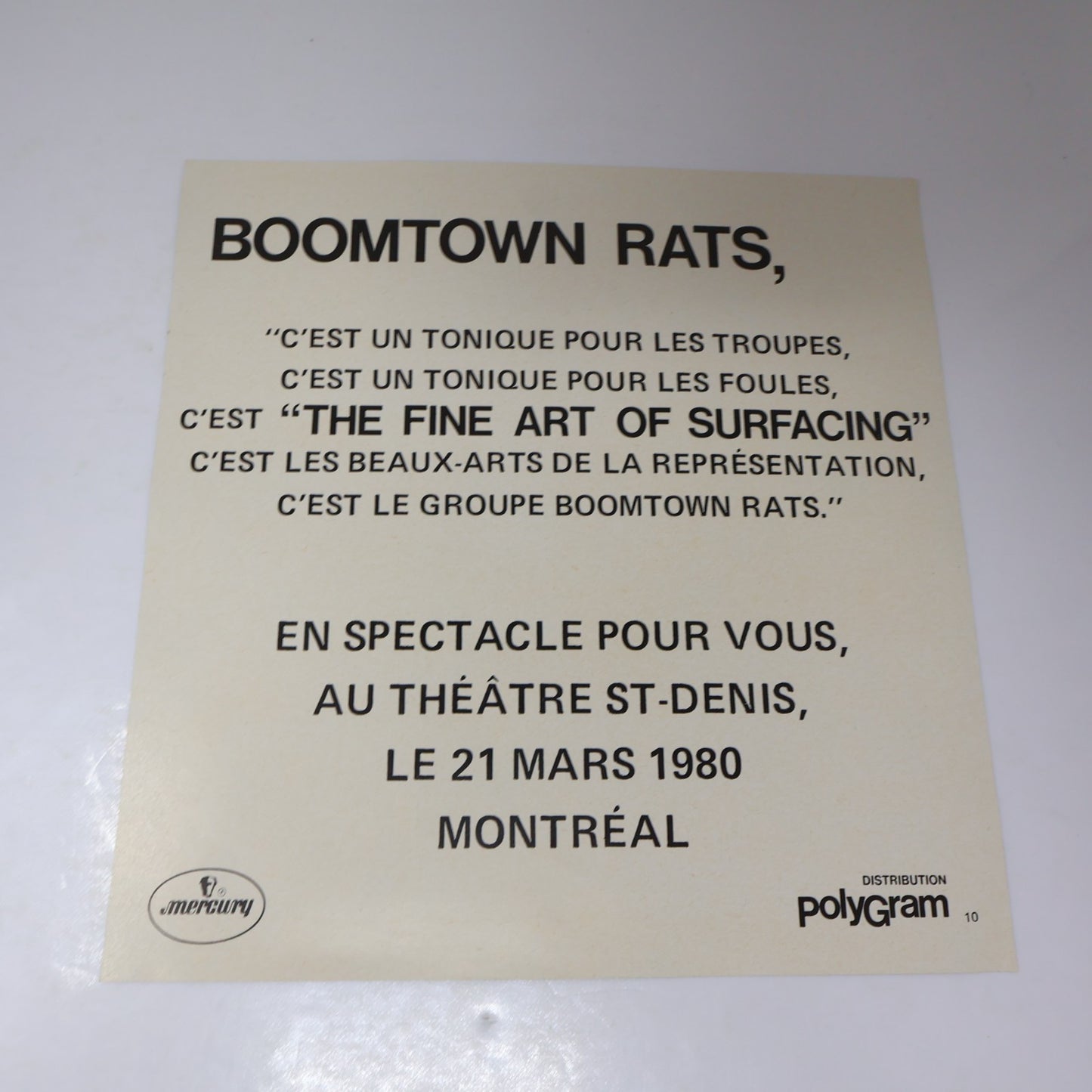 The Boomtown Rats Montreal 1980 Show Print Ad/Promo French Fine Art of Surfacing