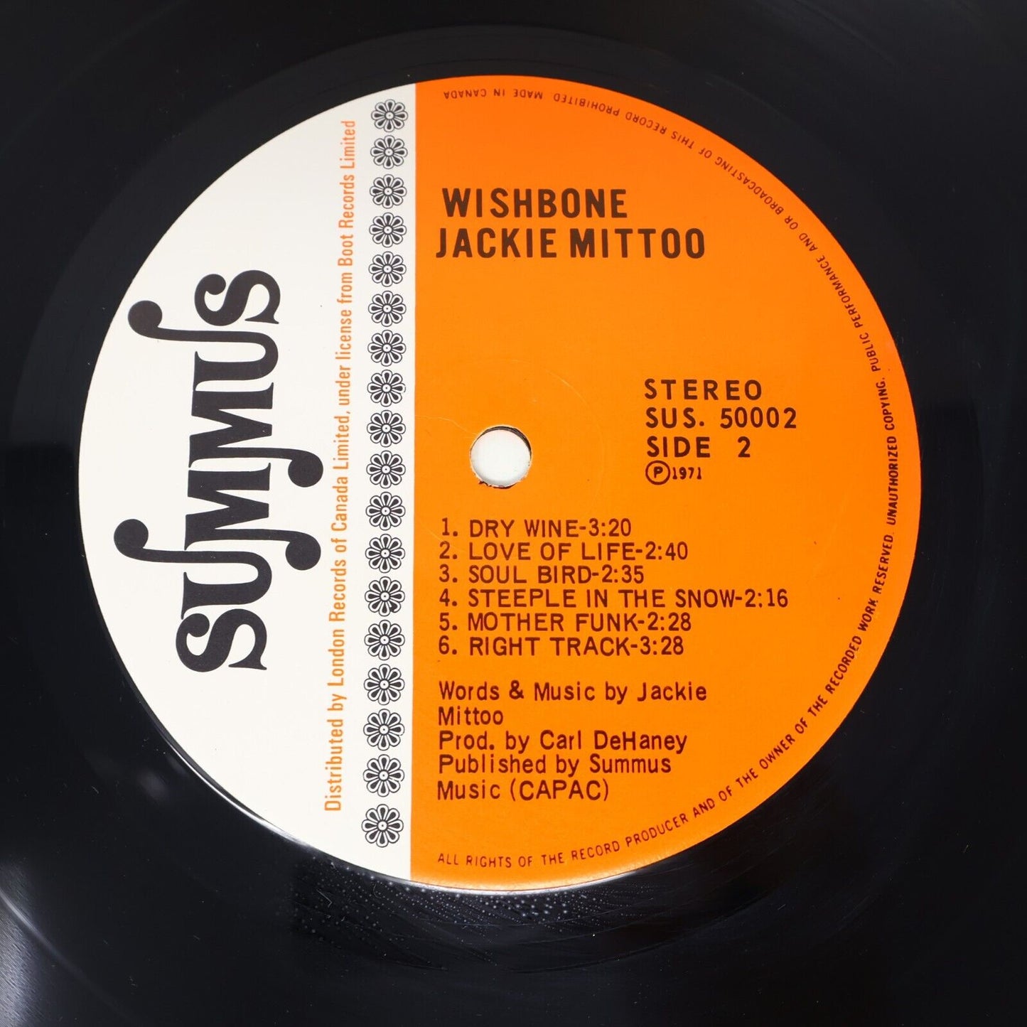 Jackie Mittoo Wishbone LP Record Vinyl Canada 1972 Summus Records SUS 50.002