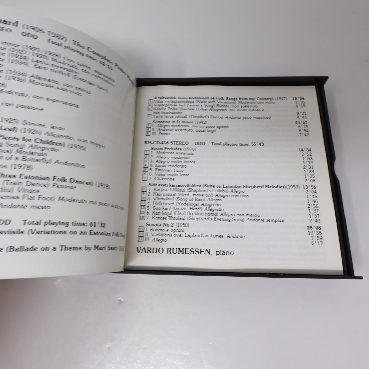 Eduard Tubin The Complete Piano Music CD Vardo Rumessen BIS 1988 BIS-CD-414/416