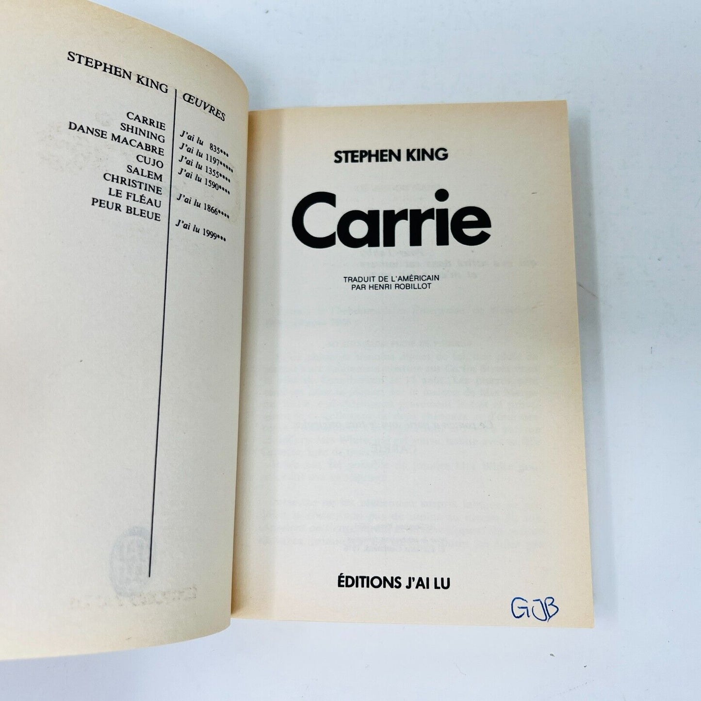 1986 Carrie de Stephen King J'ai Lu Épouvante Horreur Français/French Paperback