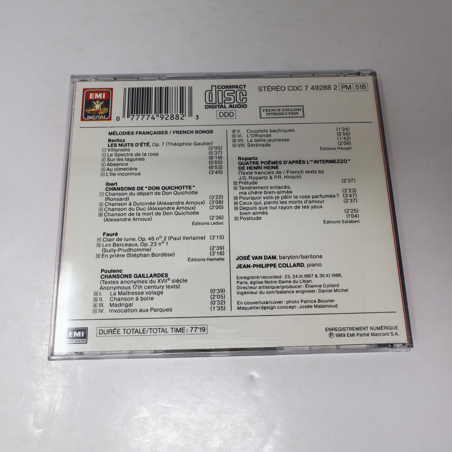 Mélodies Françaises CD José Van Dam/Collard Berlioz/Fauré/Ibert/Poulenc/Ropartz