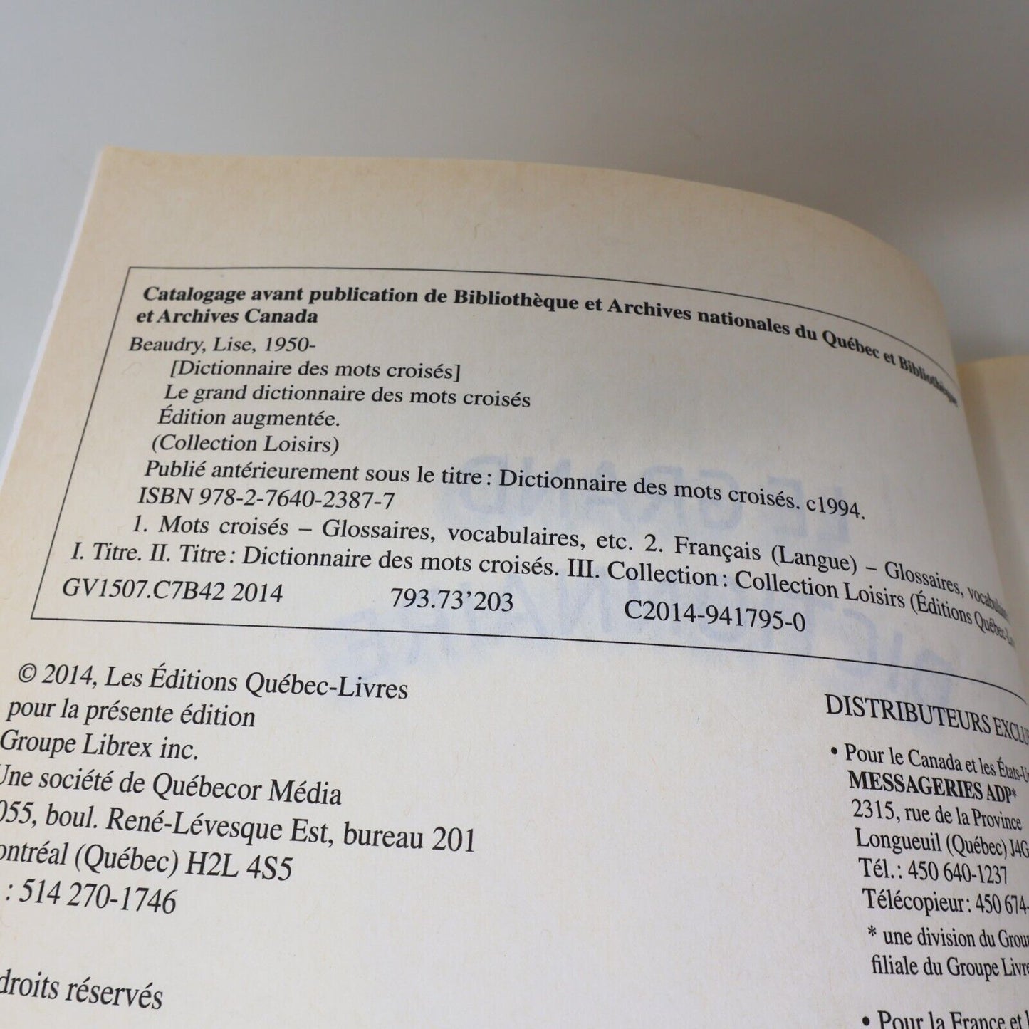 2014 Le Grand Dictionnaire des Mots Croisés Édition Augmentée Lise Beaudry Livre