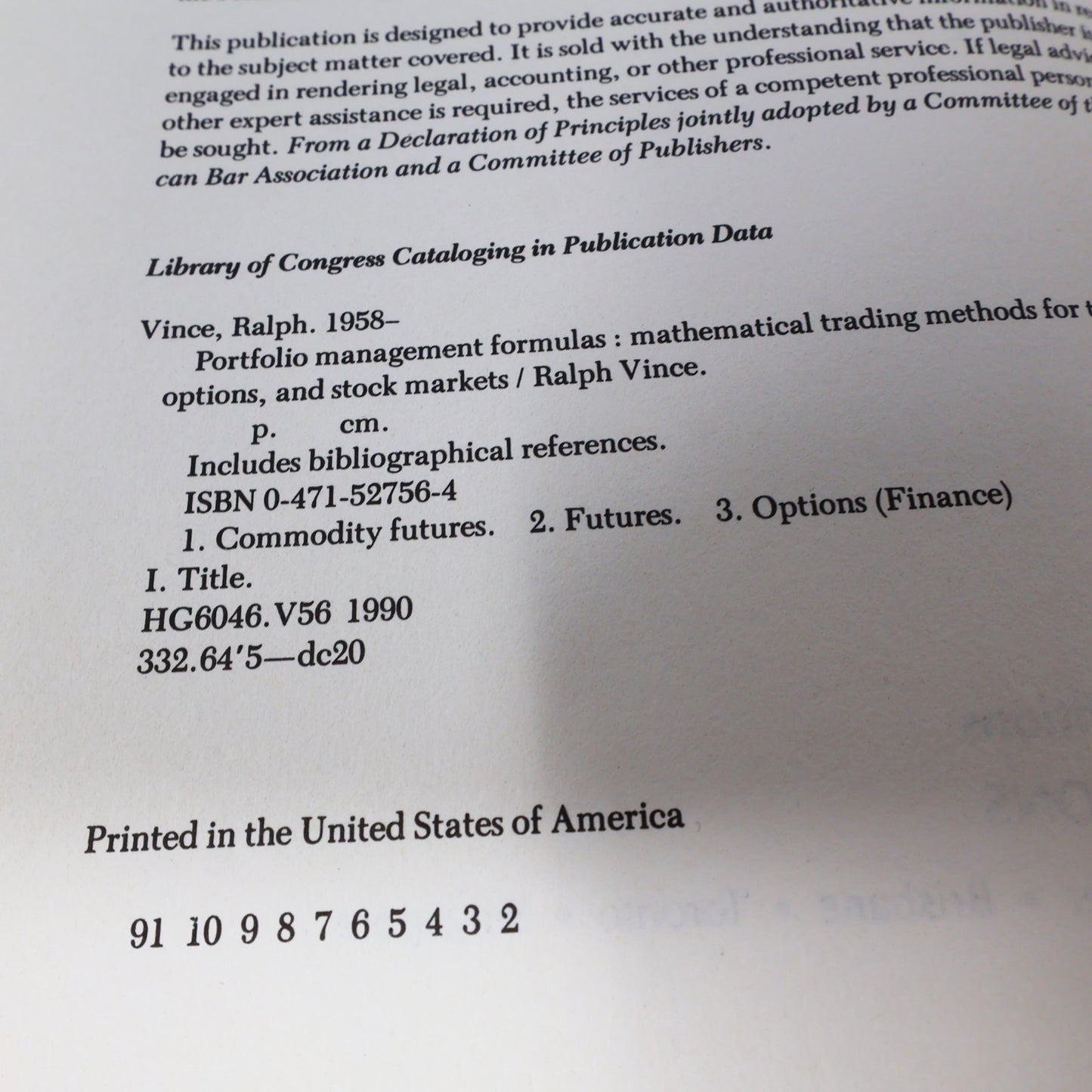 Portfolio Management Formulas Mathematical Trading Methods Ralph Vince Wiley HC
