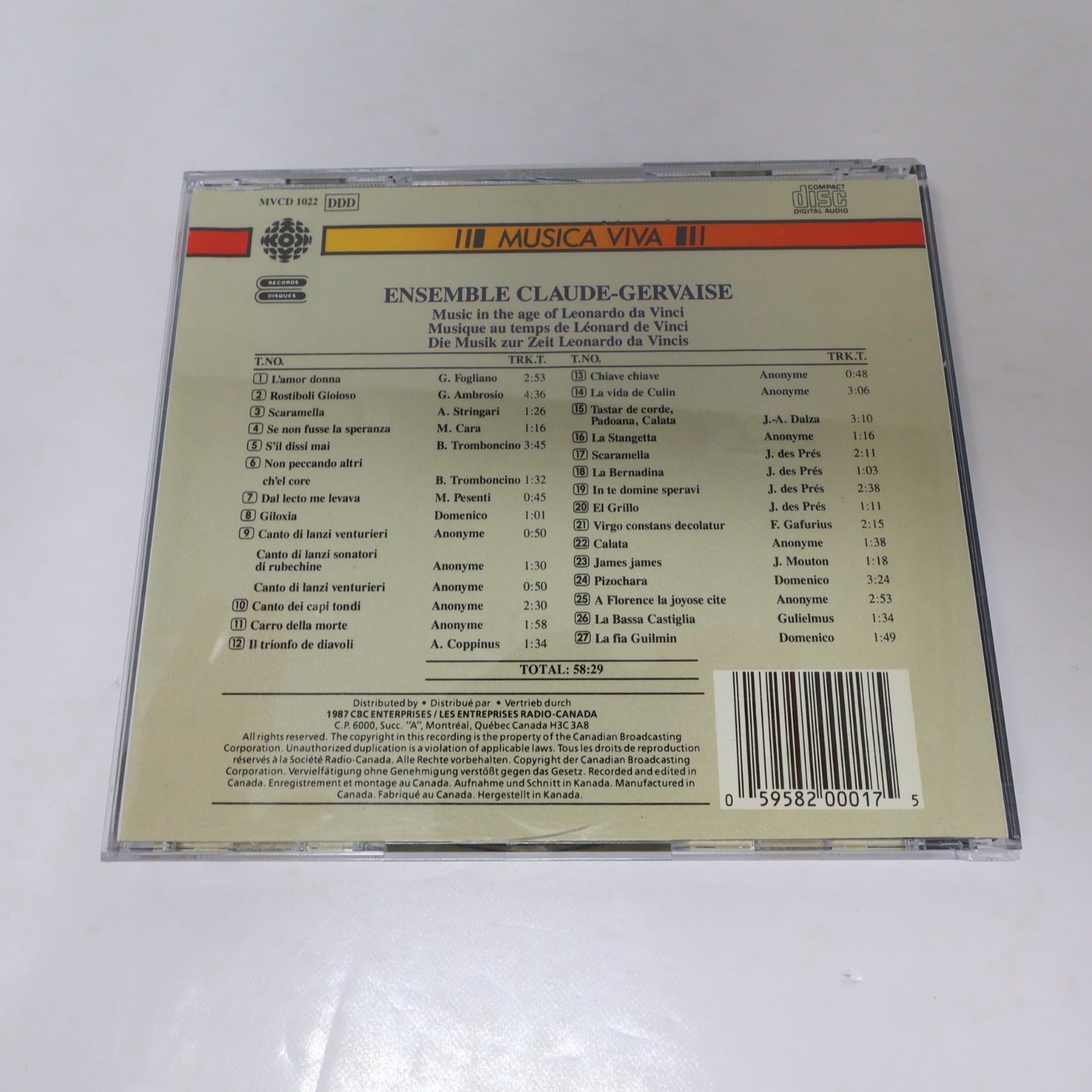 Ensemble Claude-Gervaise CD Music In The Age Of Leonardo Da Vinci Musica Viva