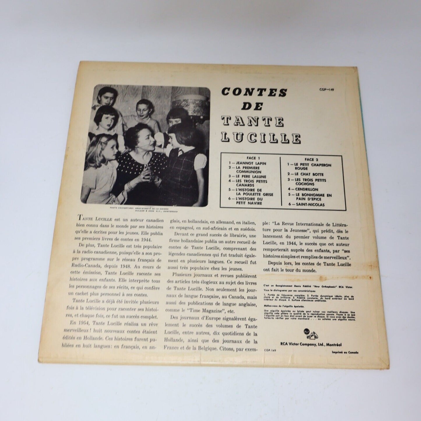 Contes de Tante Lucille LP Disque Histoires Enfants Vtg RCA Victor Mono CGP-149