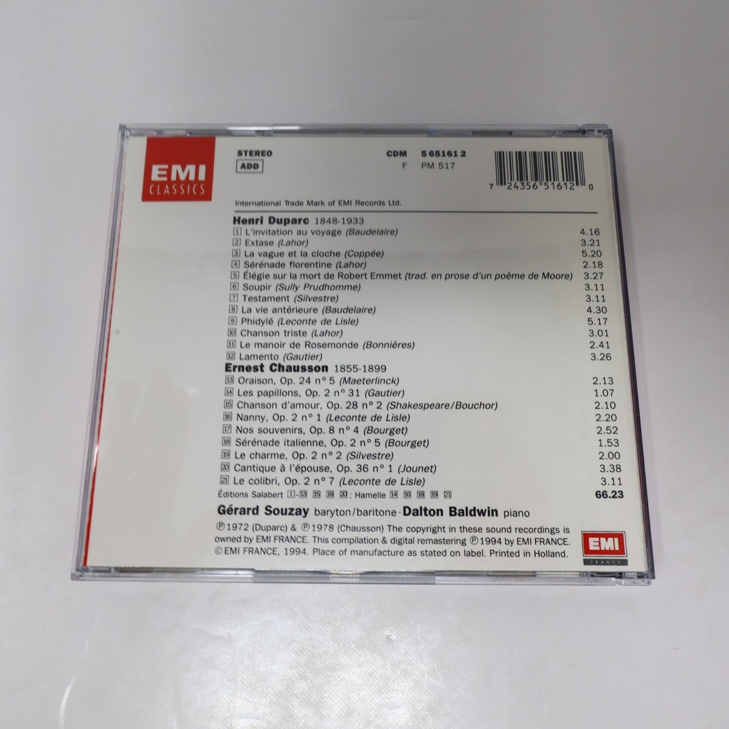 Henri Duparc/Ernest Chausson Mélodies CD Gérard Souzay/Dalton Baldwin EMI 1994